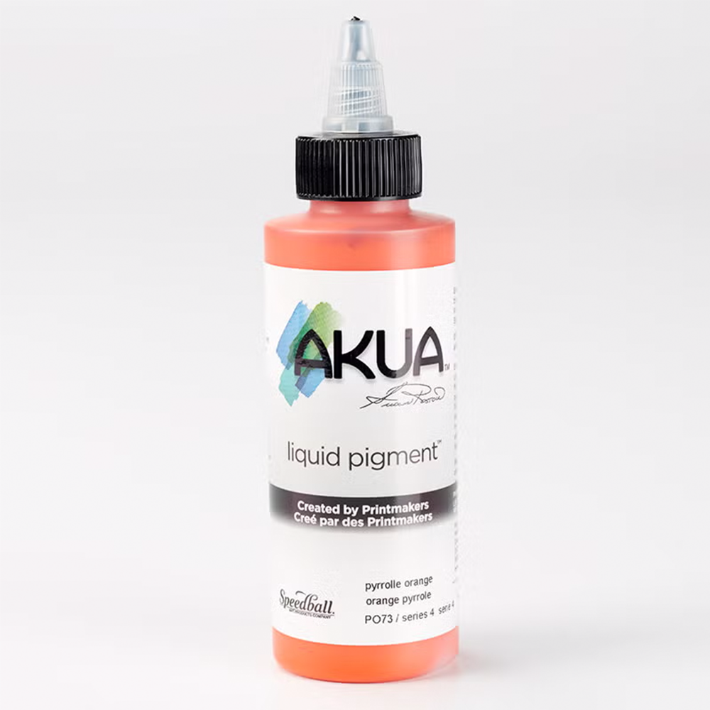 A bottle of orange Akua Liquid Pigment Ink for monoprinting on a white background 