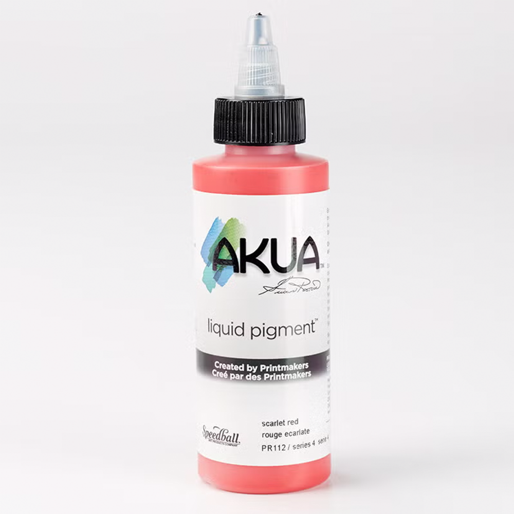 A bottle of red Akua Liquid Pigment Ink for monoprinting on a white background 