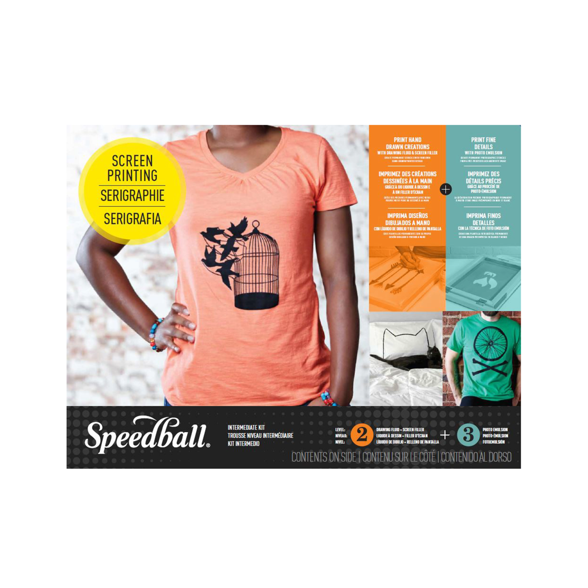 Packaging for Speedball Intermediate Screen Printing Kit, displaying the items included in the kit and a sample image of a printed t-shirt design.
