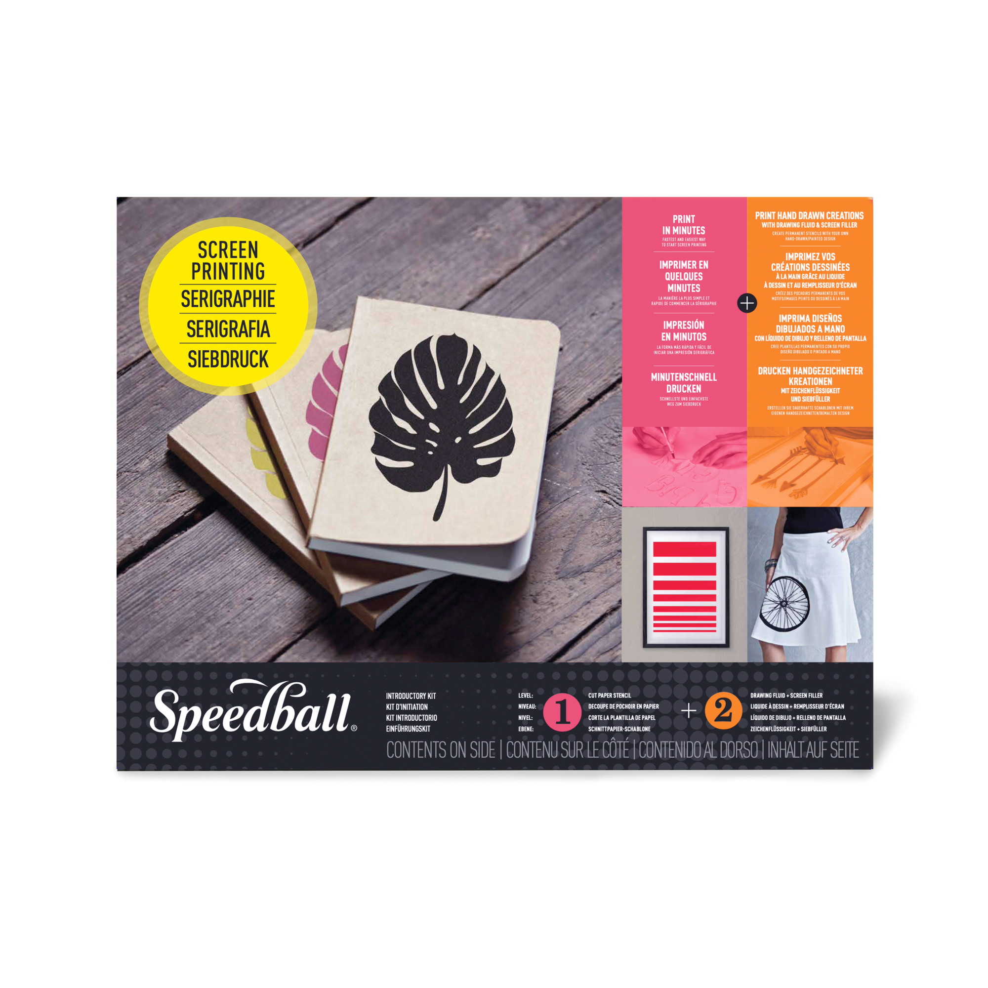 Packaging for Speedball Introductory Screen Printing Kit, displaying process images and a sample image of printed notebooks with a leaf design.