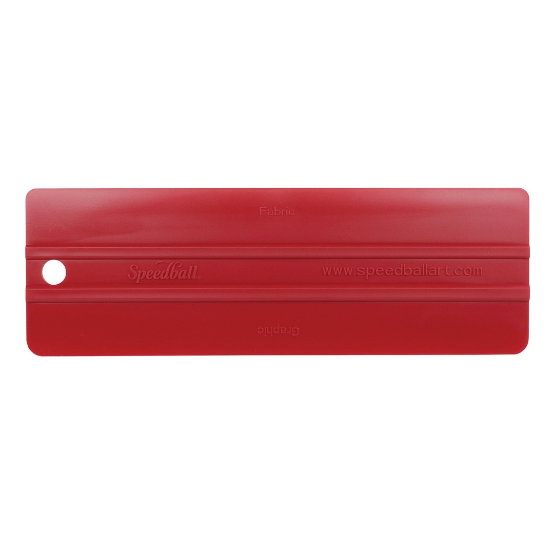 Red plastic squeegee with 'Speedball' branding on a white background