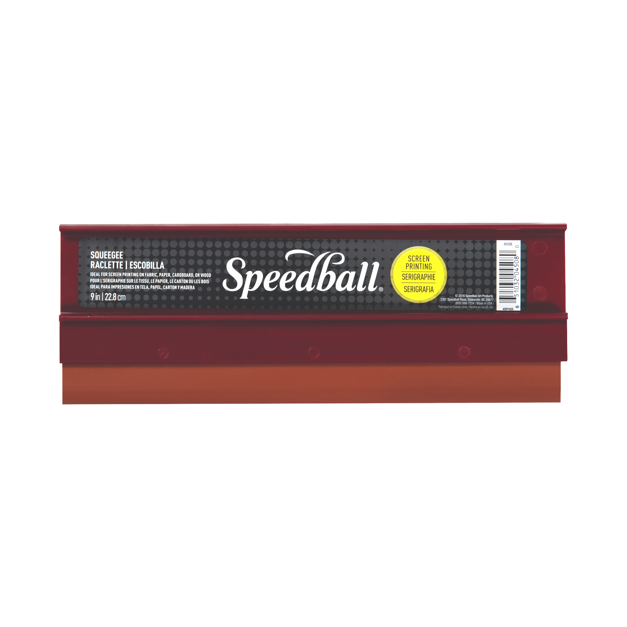 Speedball squeegee with burgundy handle and red squeegee rubber on a white background