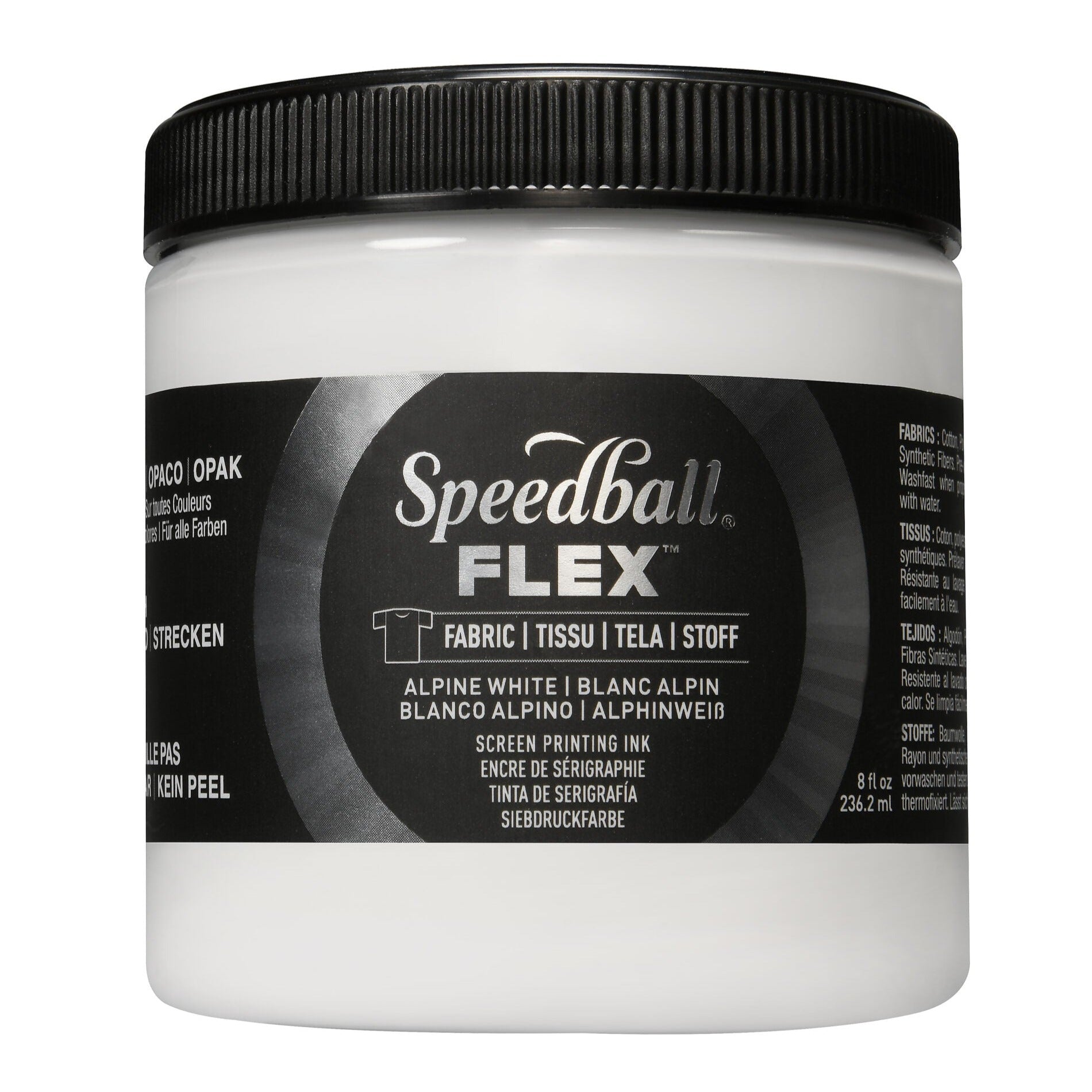 A jar of Speedball Flex Fabric Screen Printing Ink in a white colour on a white background.