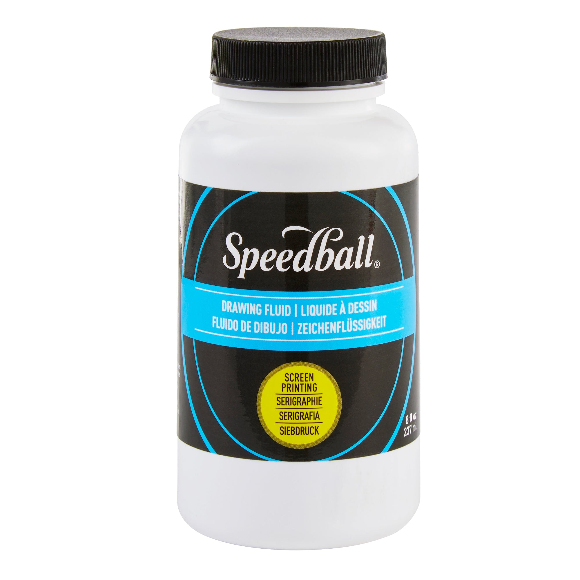 Speedball Drawing Fluid white bottle with a black and blue label and black lid on a white background