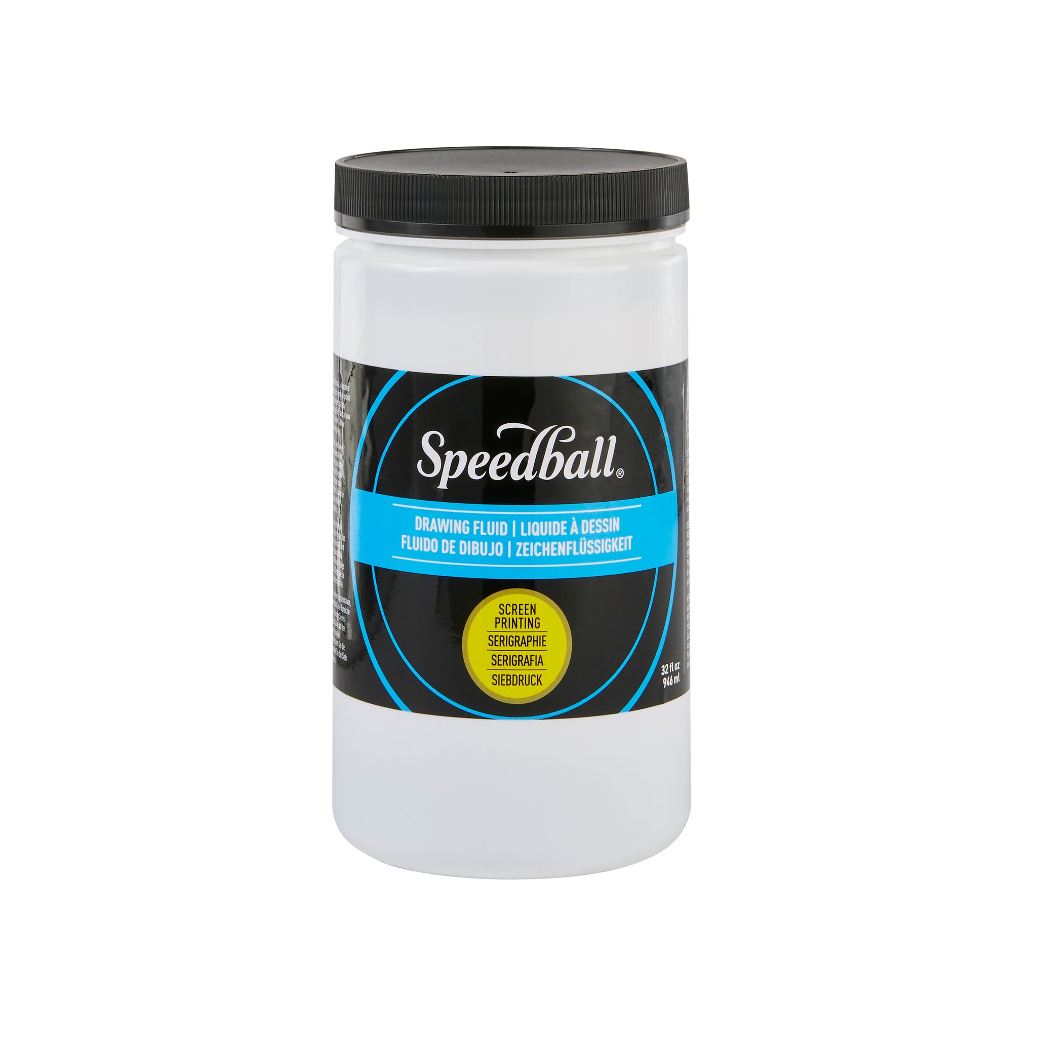 Speedball Drawing Fluid white bottle with a black and blue label and black lid on a white background