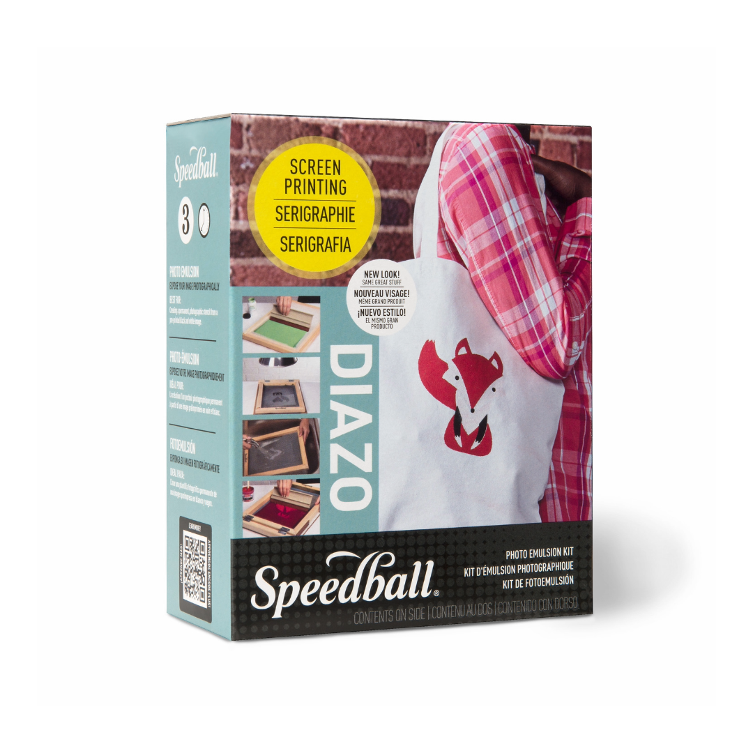box for the speedball diazo photo emulsion kit featuring images applying an emulsion and printing a screen next to a bag with a fox image printed on it.