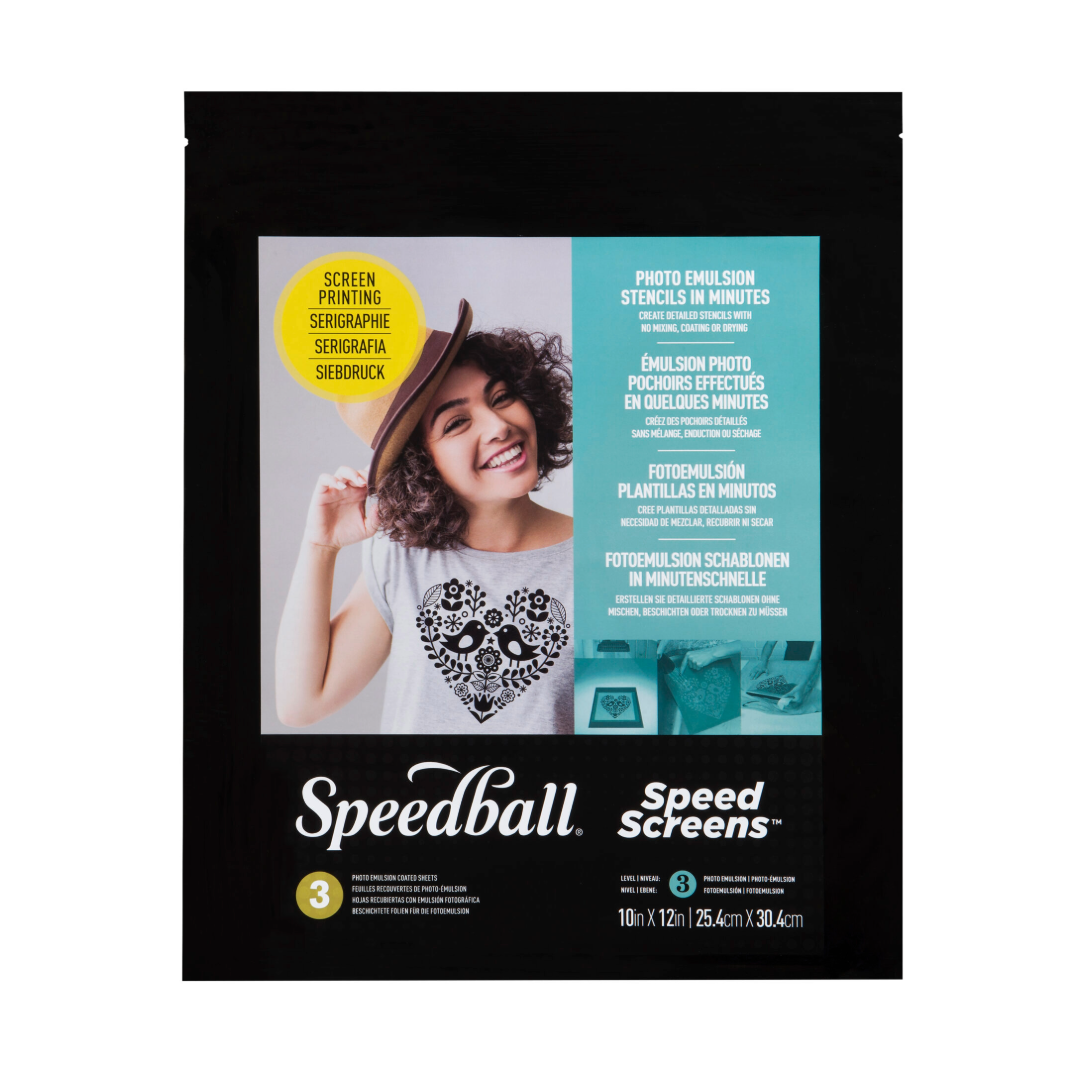 A pack of Speedball Speed Screens in a black packet, featuring a woman with a cheerful expression in the packaging design. 