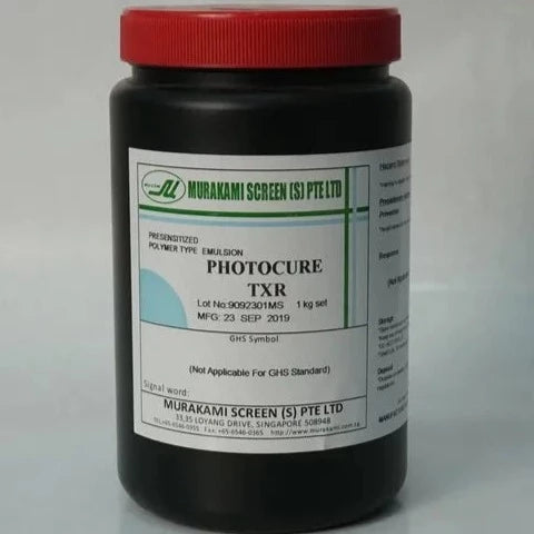 A black plastic jar with a red lid containing Murakami Aquasol Emulsion, labelled as Photocure TXR, with a white label on the lid displaying product details.