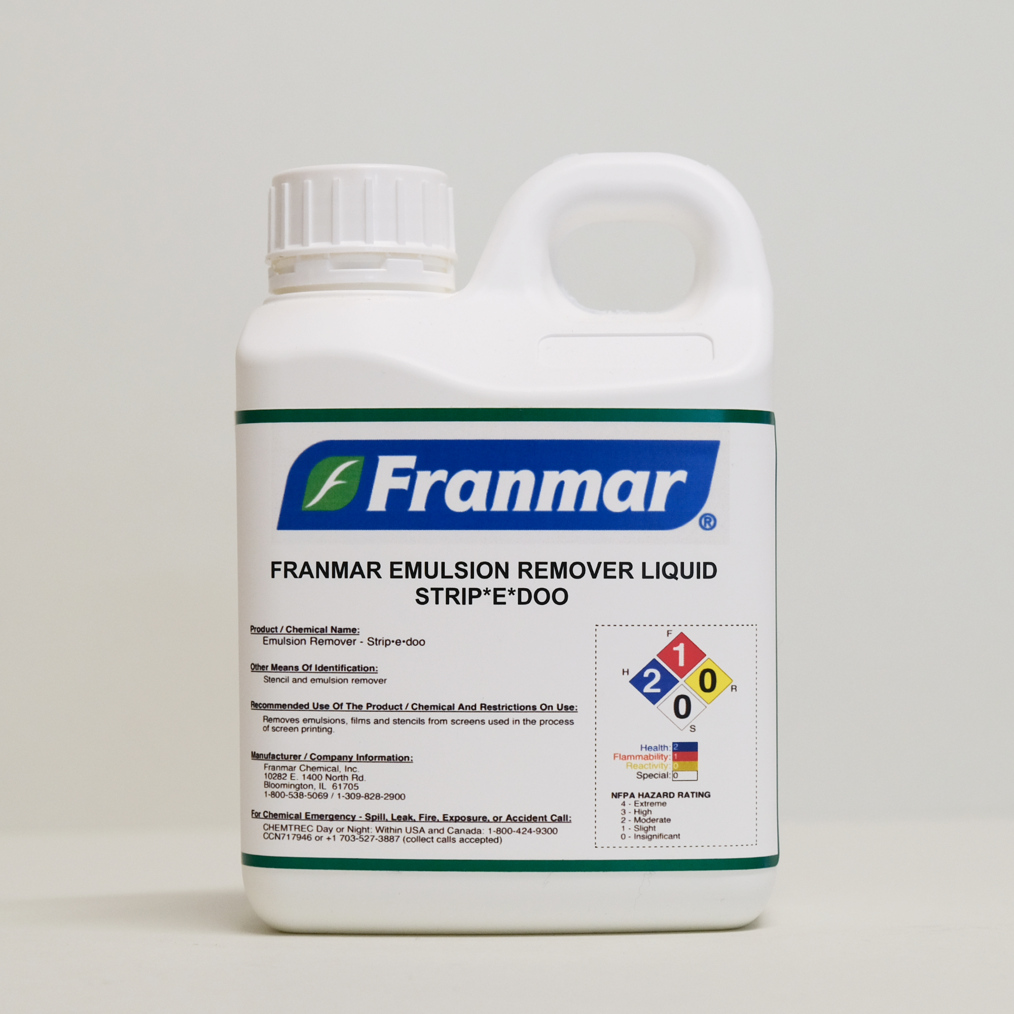 Franmar emulsion remover liquid container on a white background