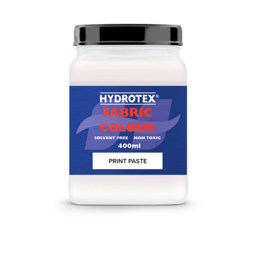 A container of Hydrotex Fabric Colour Print Paste with a label that includes the product name and details such as 'solvent free', 'non-toxic', and '400ml'.