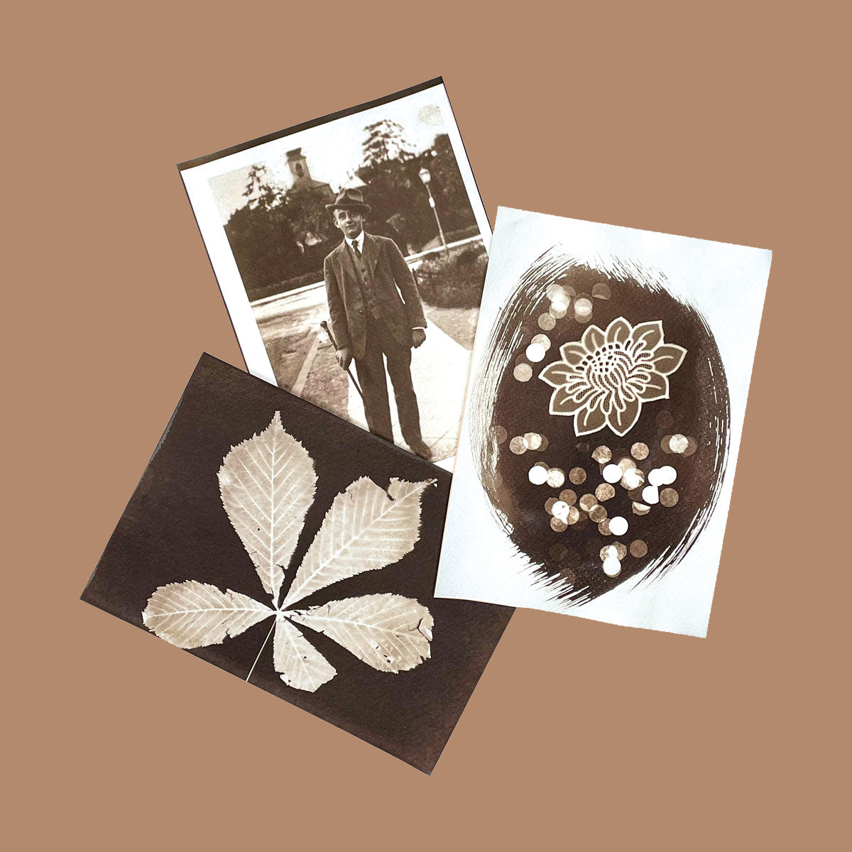 Three sepia prints on a brown background: a leaf, a person with a cane, and a floral design.
