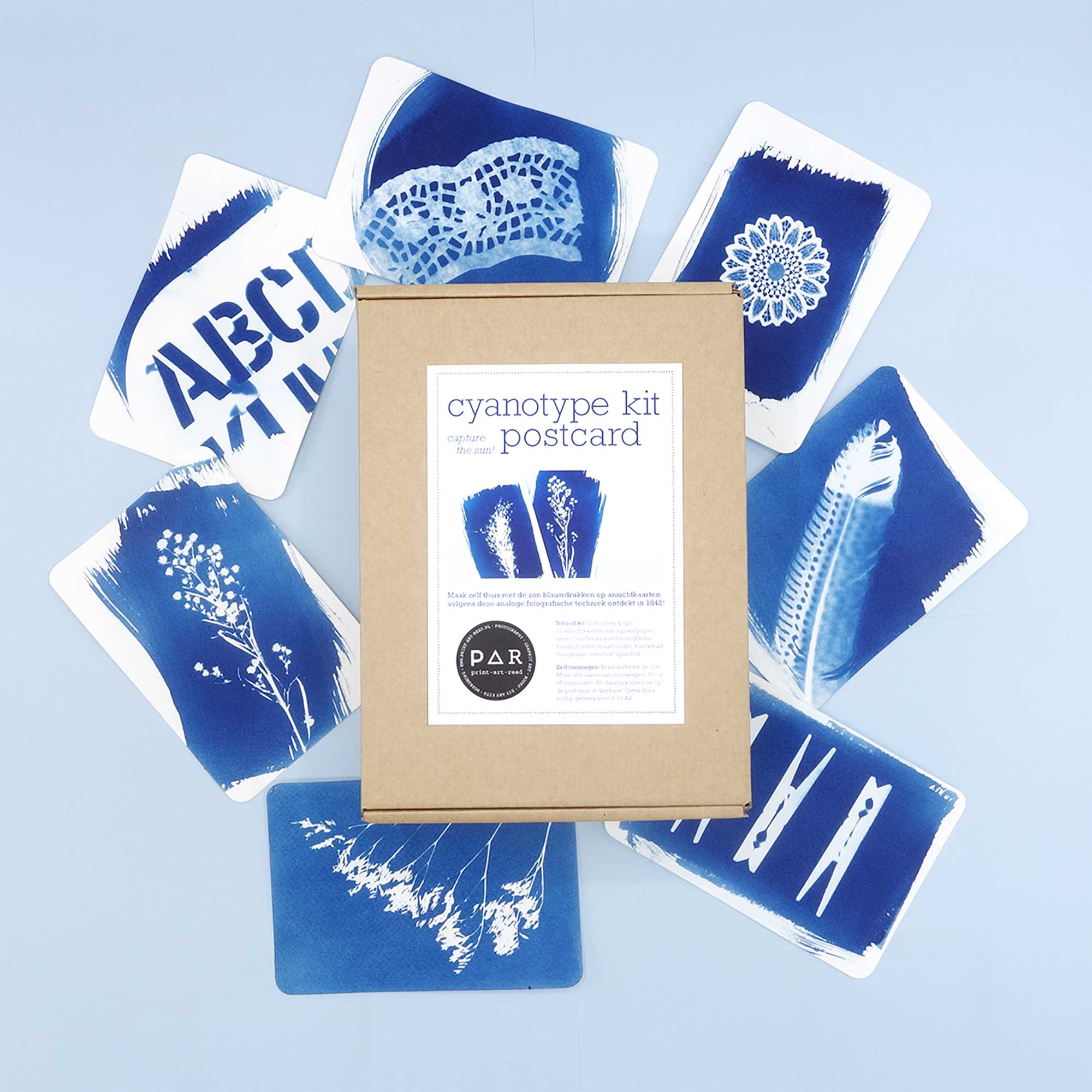 Cyanotype Postcard Kit surrounded by Cyanotype examples on 9x12inch papers