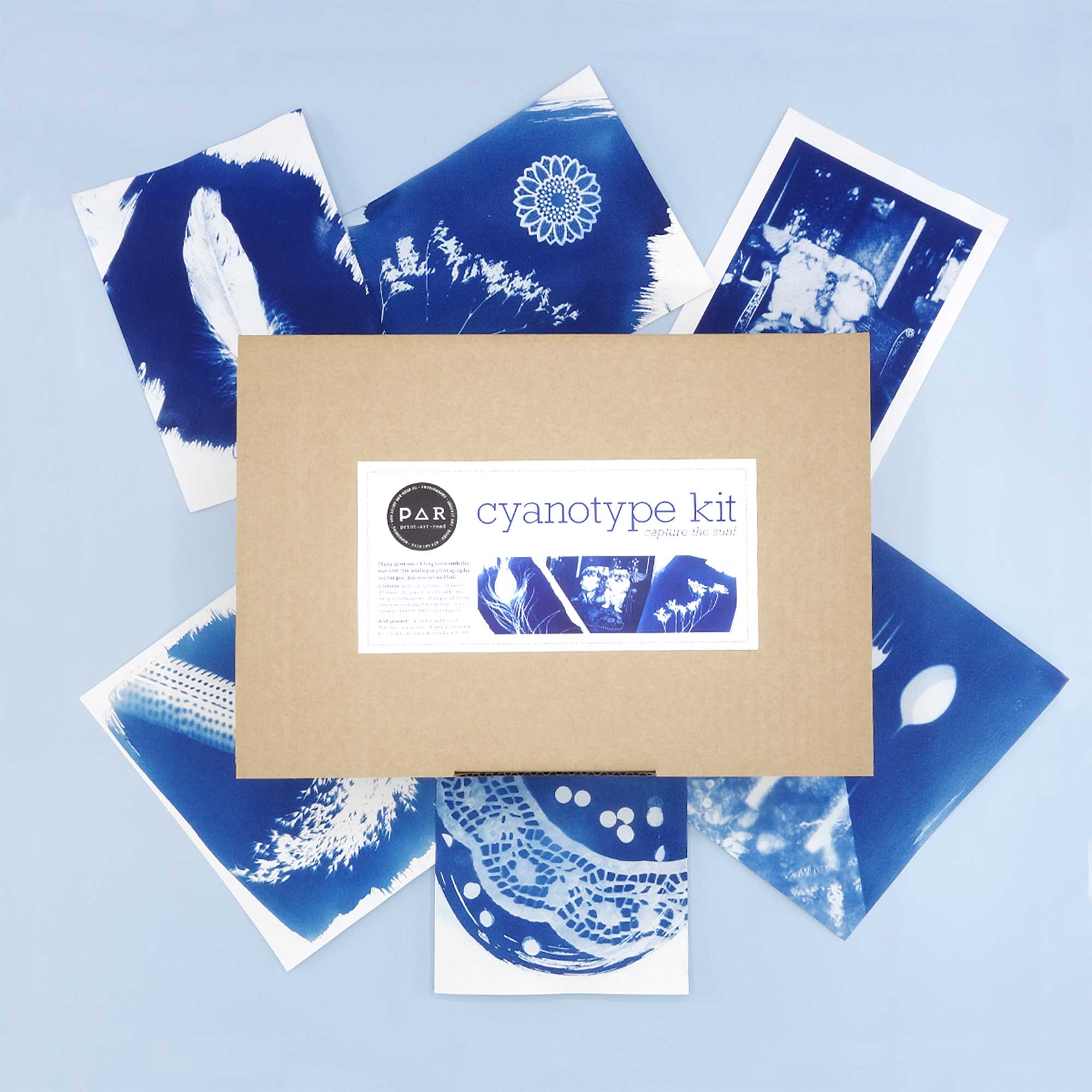 Cyanotype Paper Kit surrounded by example cyanotype prints