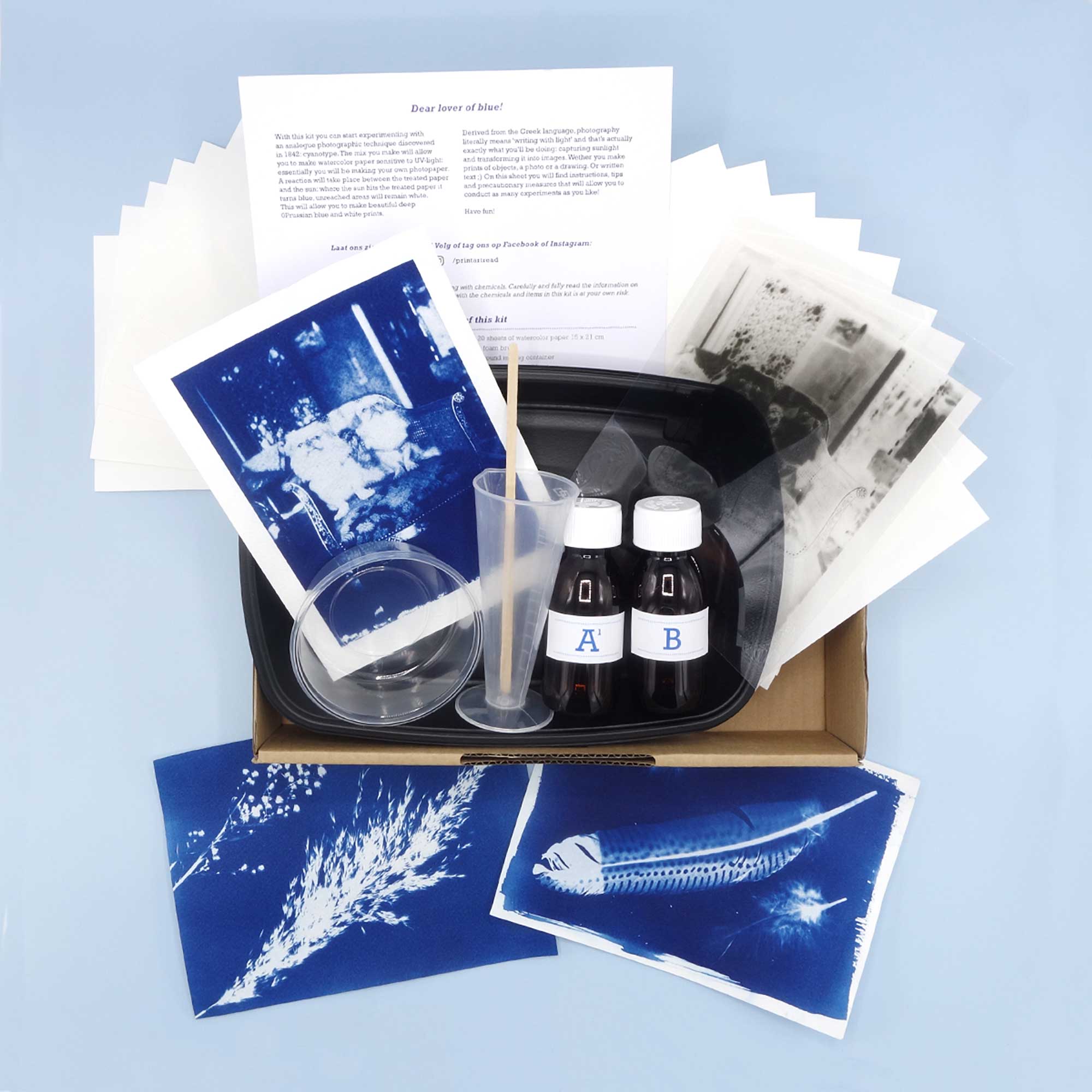 Contents of the Cyanotype Paper Kit with example cyanotype prints