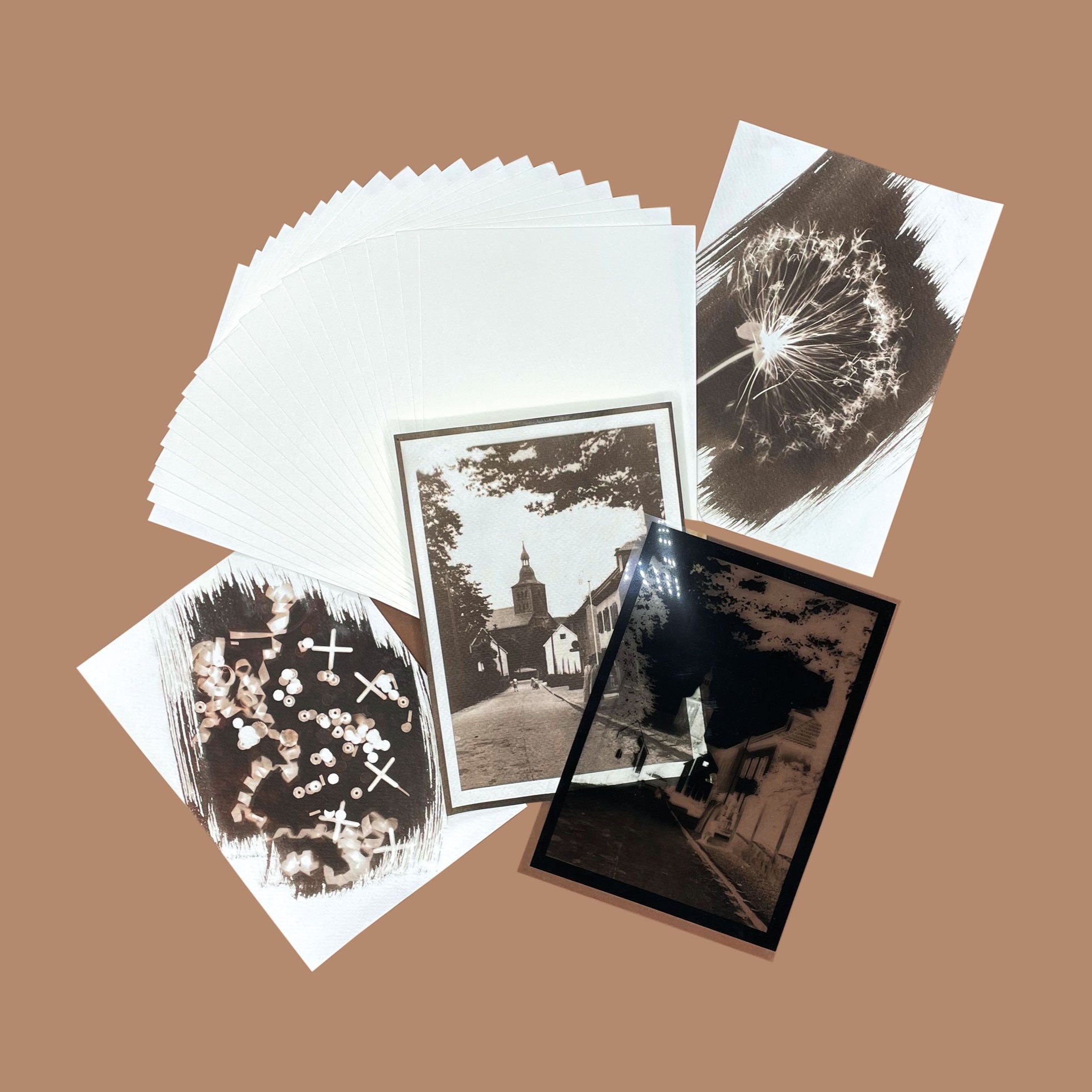 Van Dyke print examples with acetate exposure sheet and spare watercolour paper