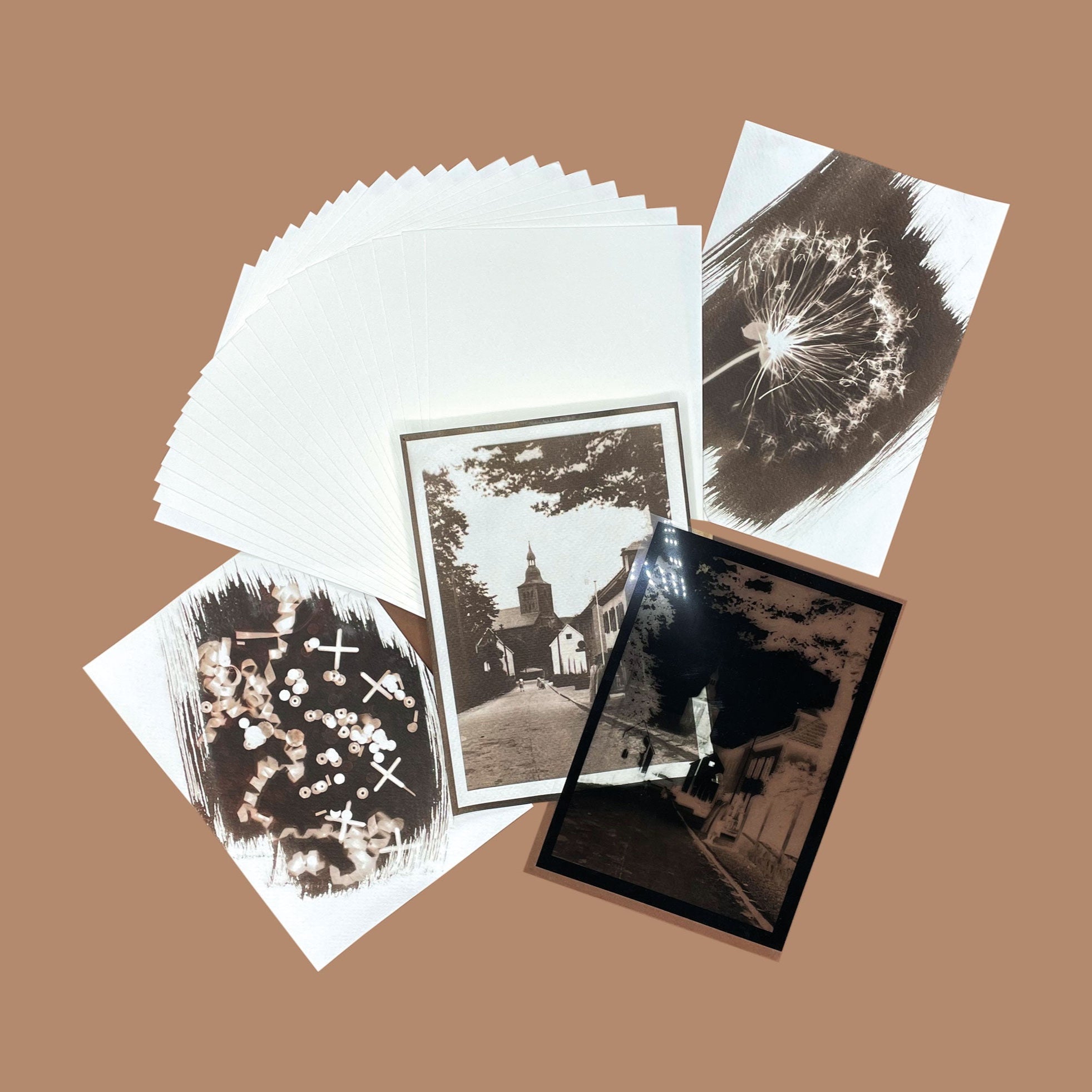 Van Dkyke Print examples with acetate exposure sheet and spare watercolour paper