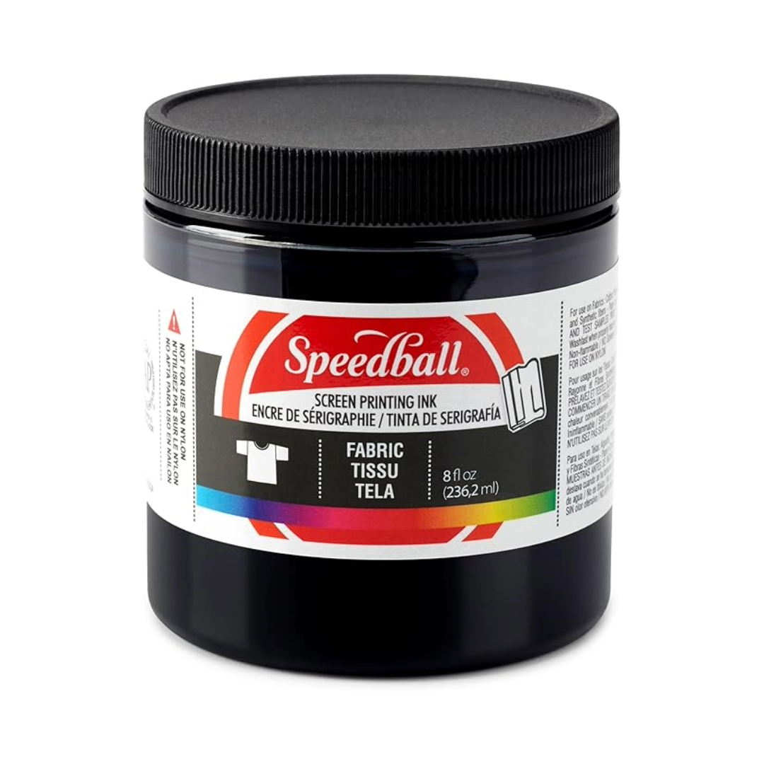Small tub of black Speedball fabric screen printing ink on a white background