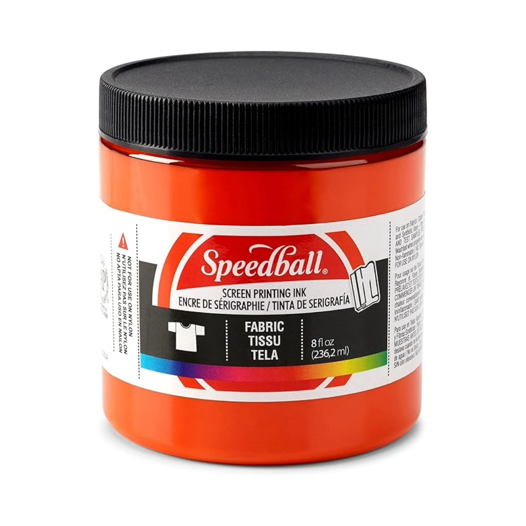 Small tub of orange Speedball fabric screen printing ink on a white background