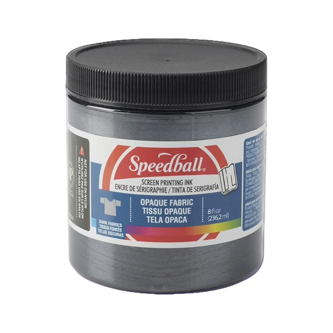 Small tub of silver Speedball fabric screen printing ink on a white background
