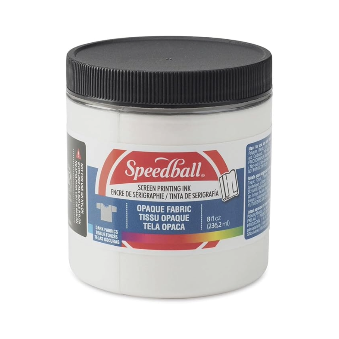 Small tub of white Speedball fabric screen printing ink on a white background