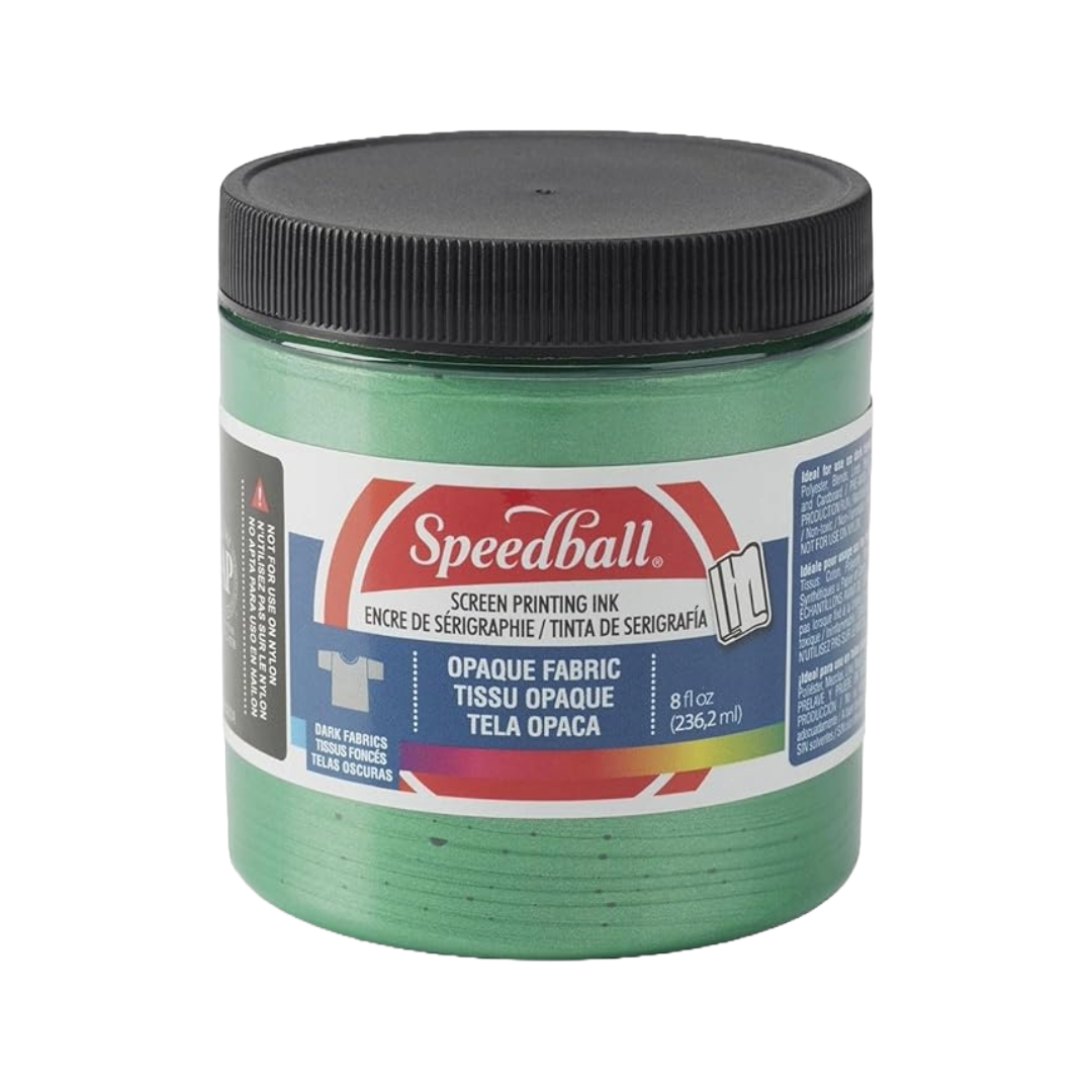 Small tub of light green Speedball fabric screen printing ink on a white background