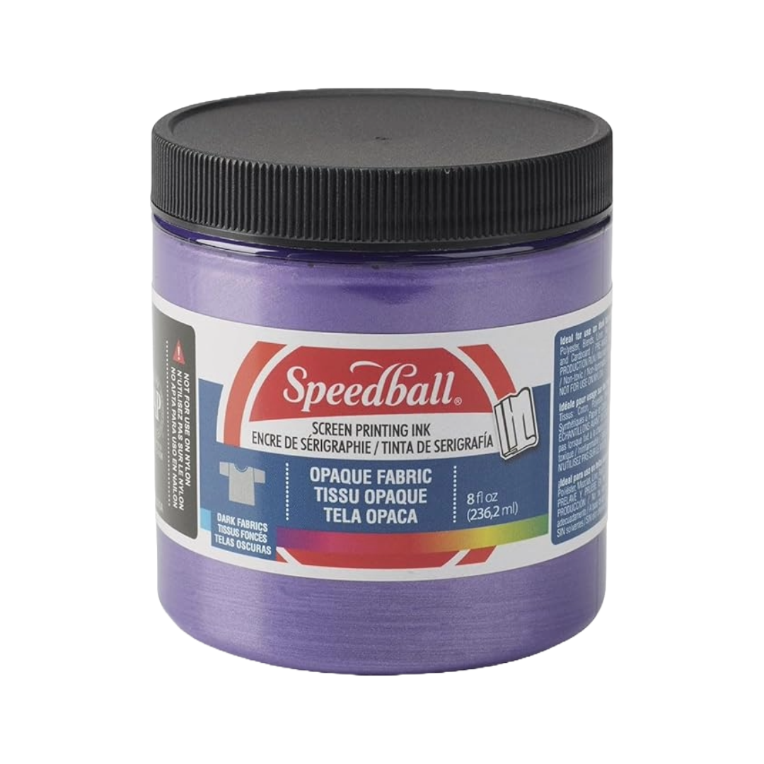Small tub of purple Speedball fabric screen printing ink on a white background