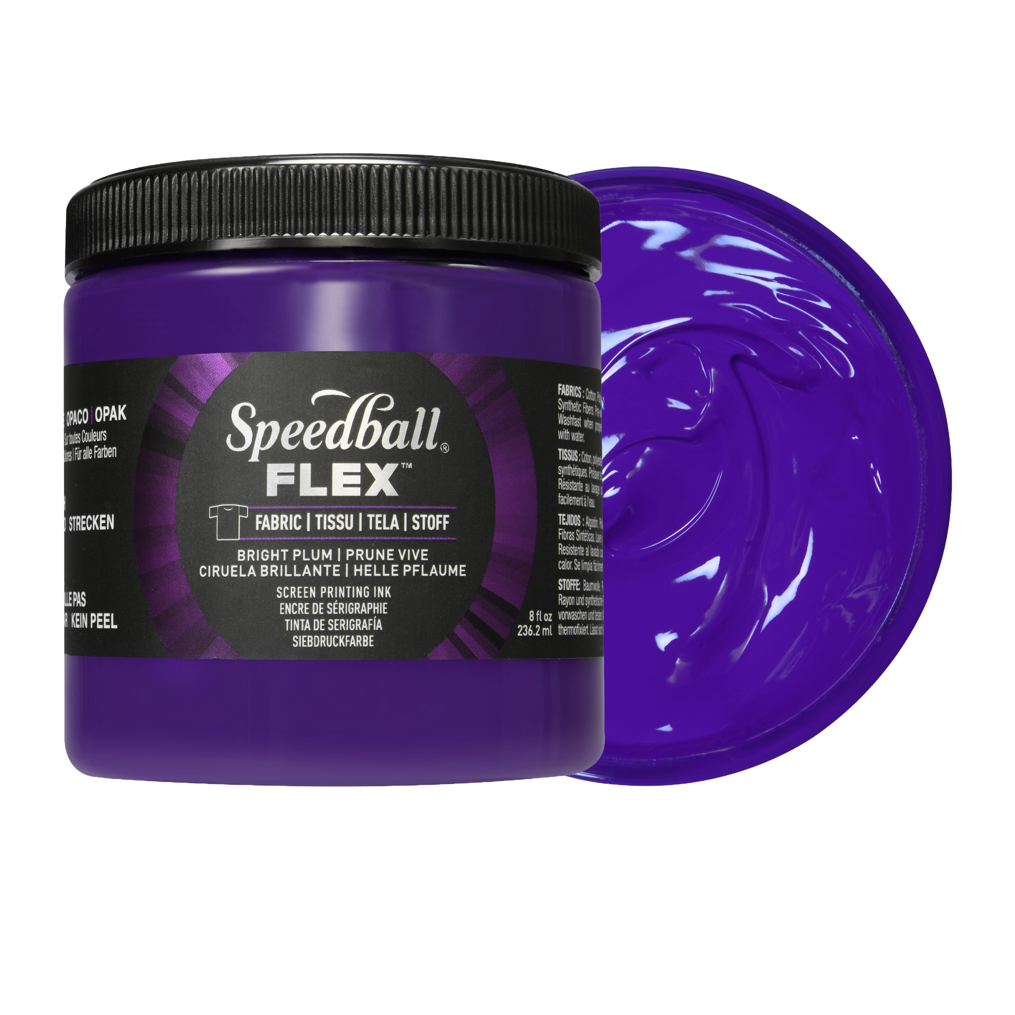 Purple Speedball Flex fabric ink jar with a swatch of purple ink on a white background