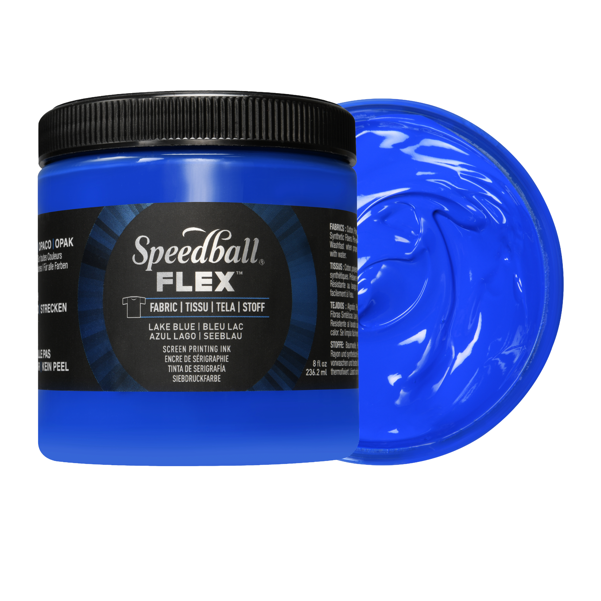 Blue Speedball Flex fabric ink jar with a swatch of blue ink on a white background