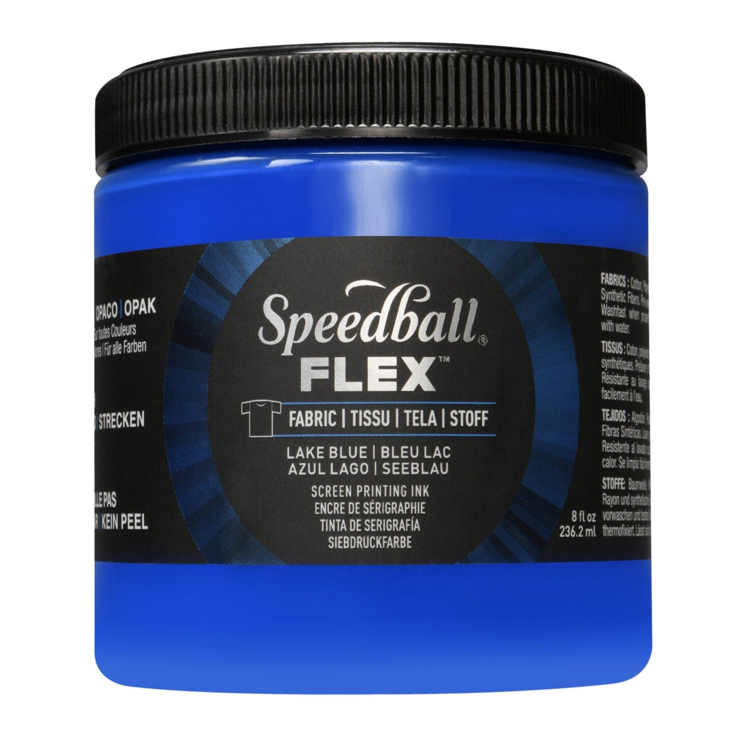 A jar of Speedball Flex Fabric Screen Printing Ink in a bright blue colour on a white background.