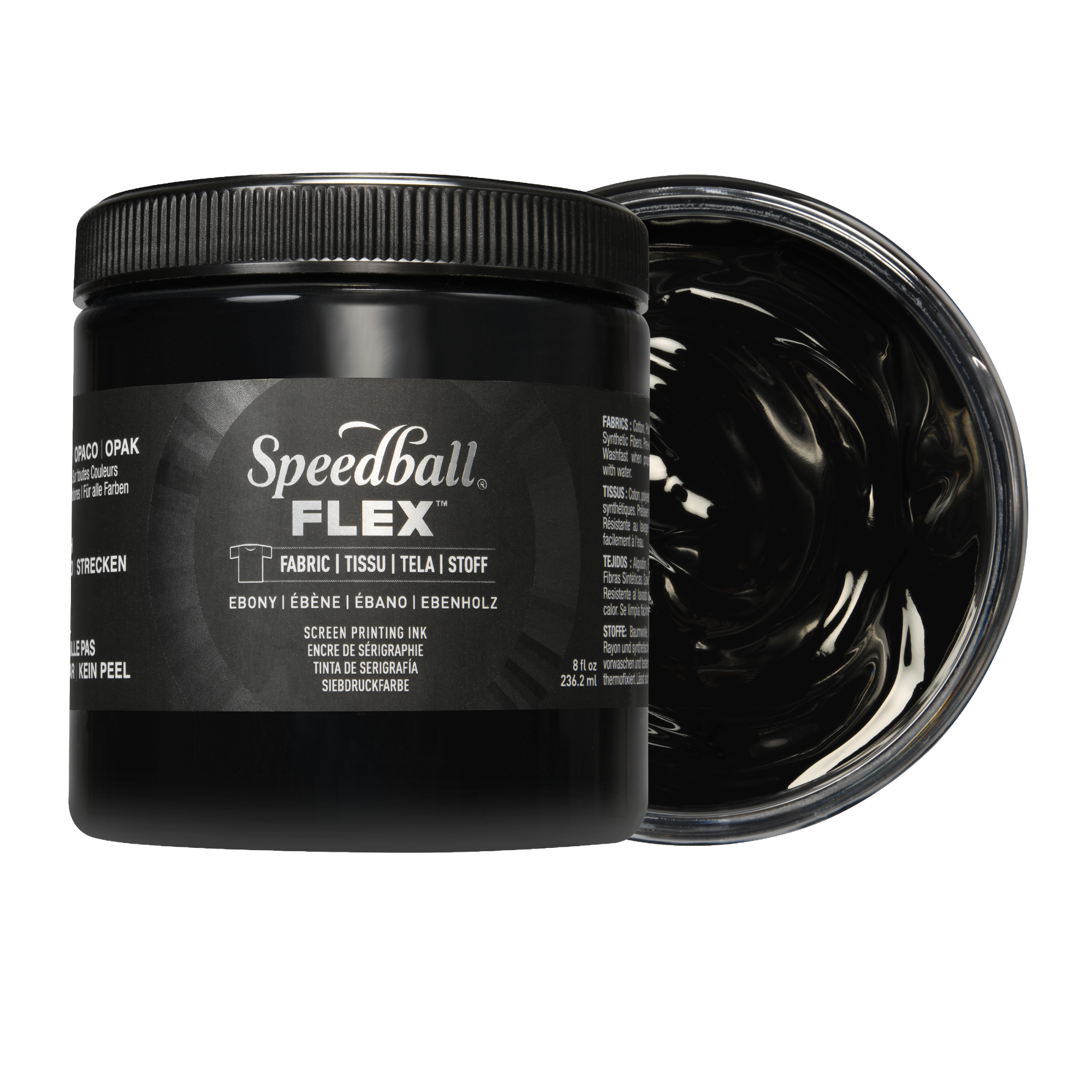 Black Speedball Flex fabric ink jar with a swatch of black ink on a white background