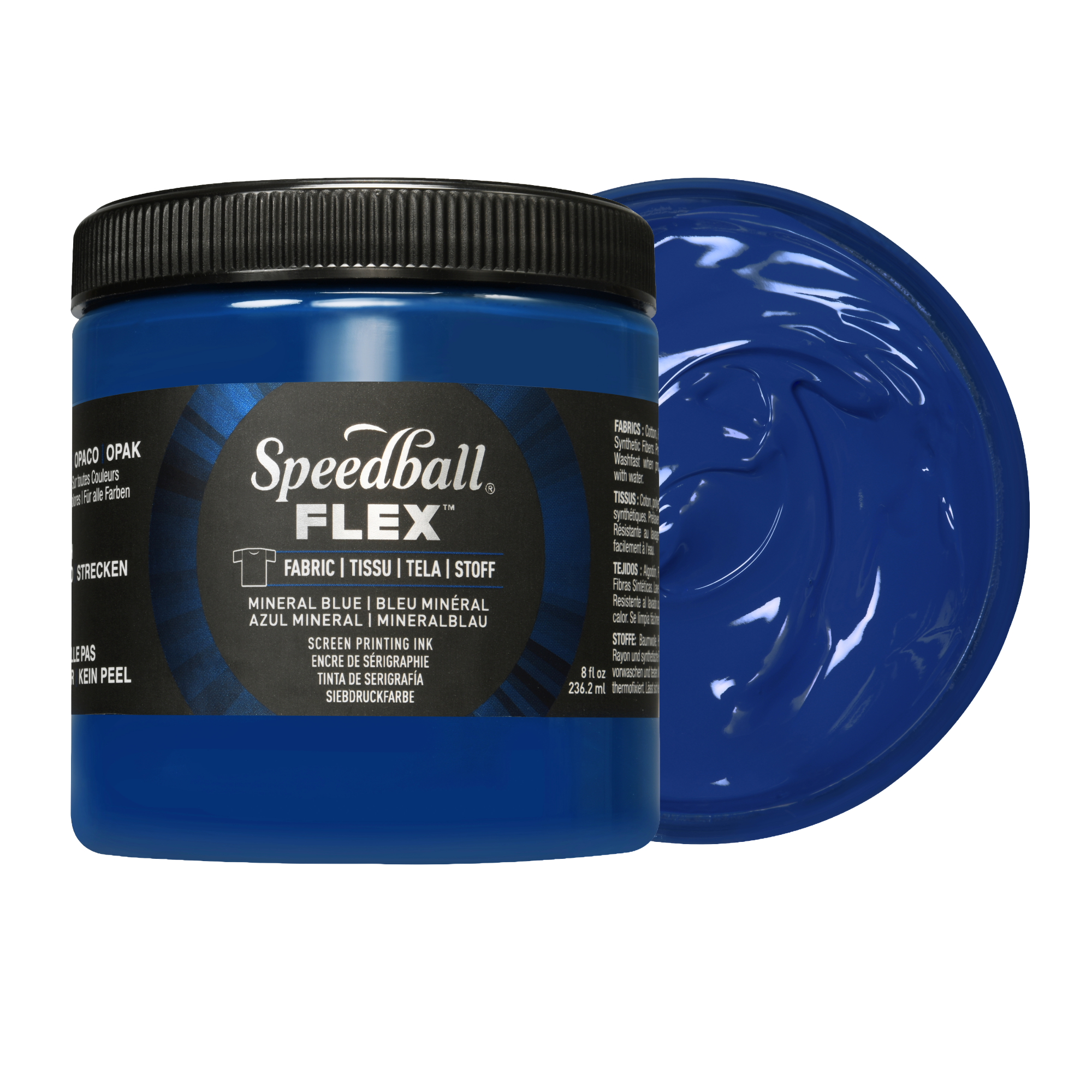 Blue Speedball Flex fabric ink jar with a swatch of blue ink on a white background