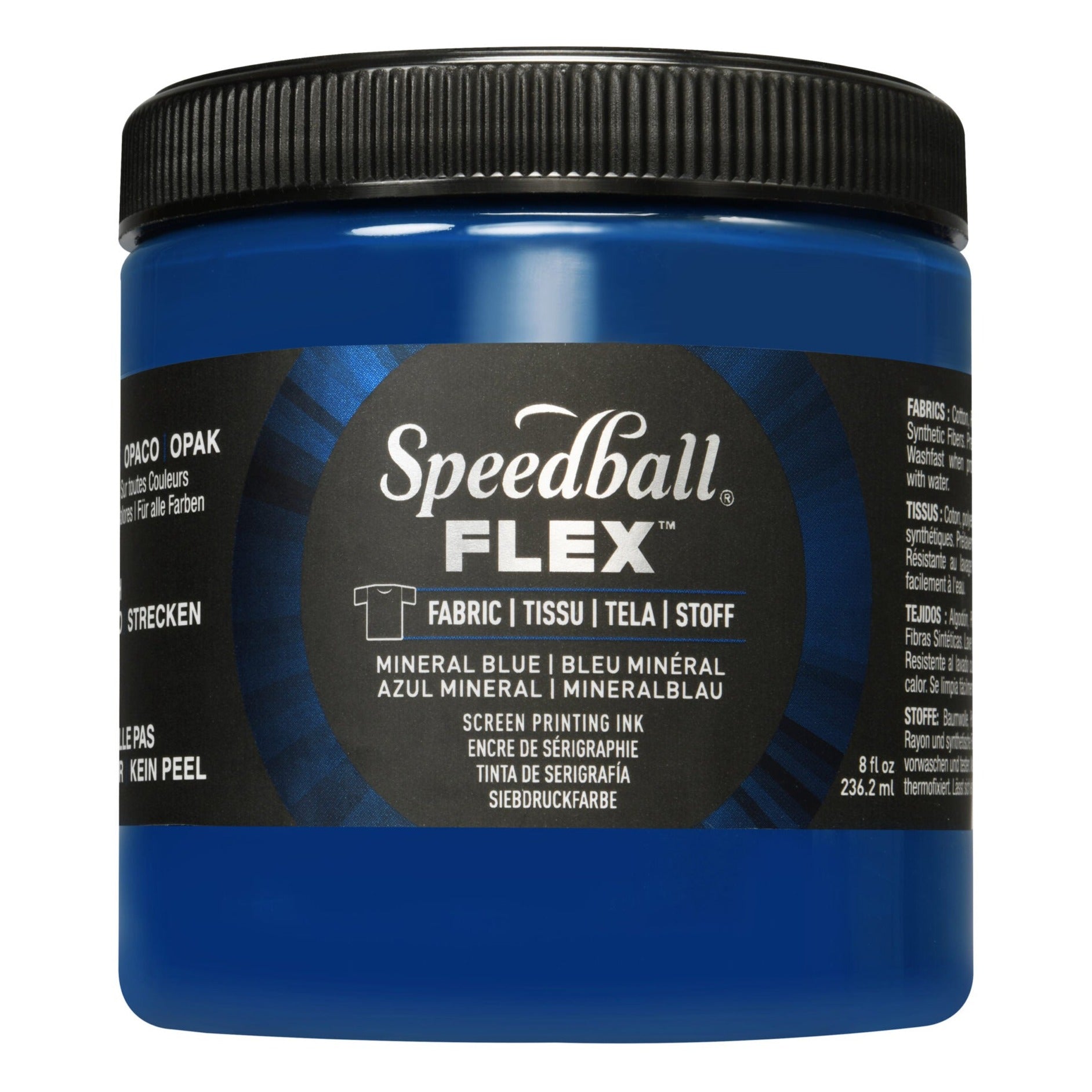 A jar of Speedball Flex Fabric Screen Printing Ink in a deep blue colour on a white background.