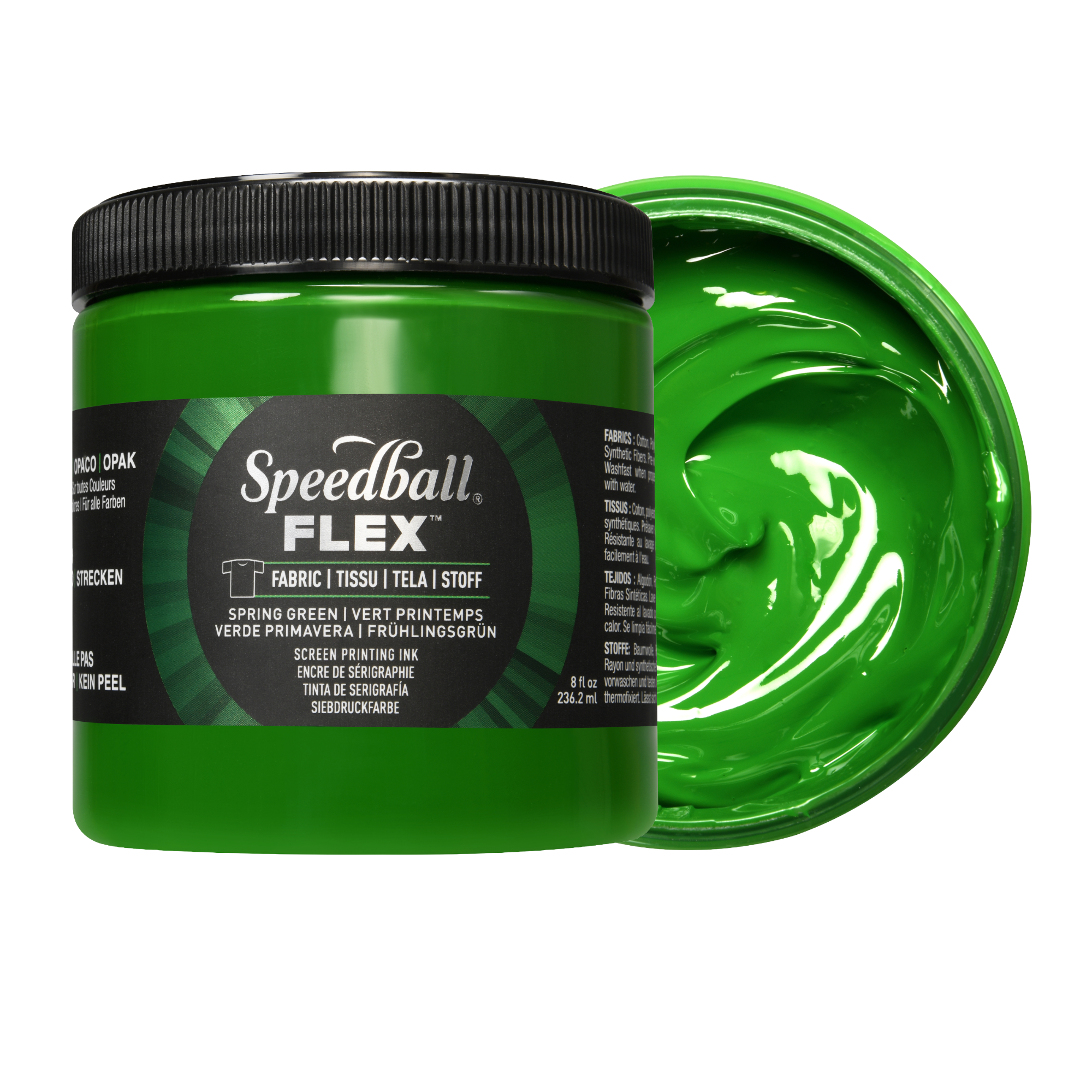 Green Speedball Flex fabric ink jar with a swatch of green ink on a white background