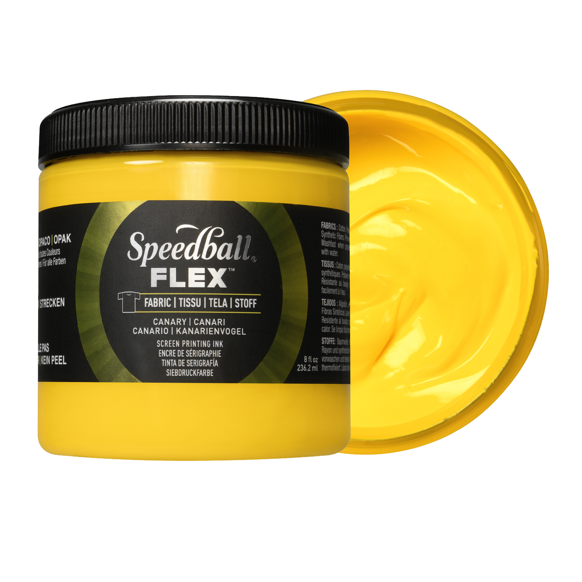 Yellow Speedball Flex fabric ink jar with a swatch of yellow ink on a white background