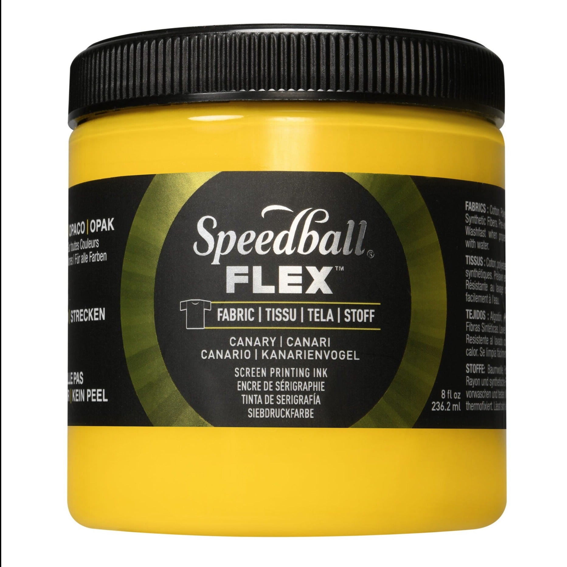 A jar of Speedball Flex Fabric Screen Printing Ink in a bright yellow colour on a white background.