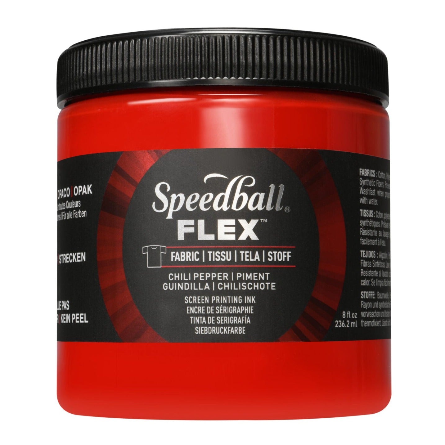 A jar of Speedball Flex Fabric Screen Printing Ink in a bright red colour on a white background.