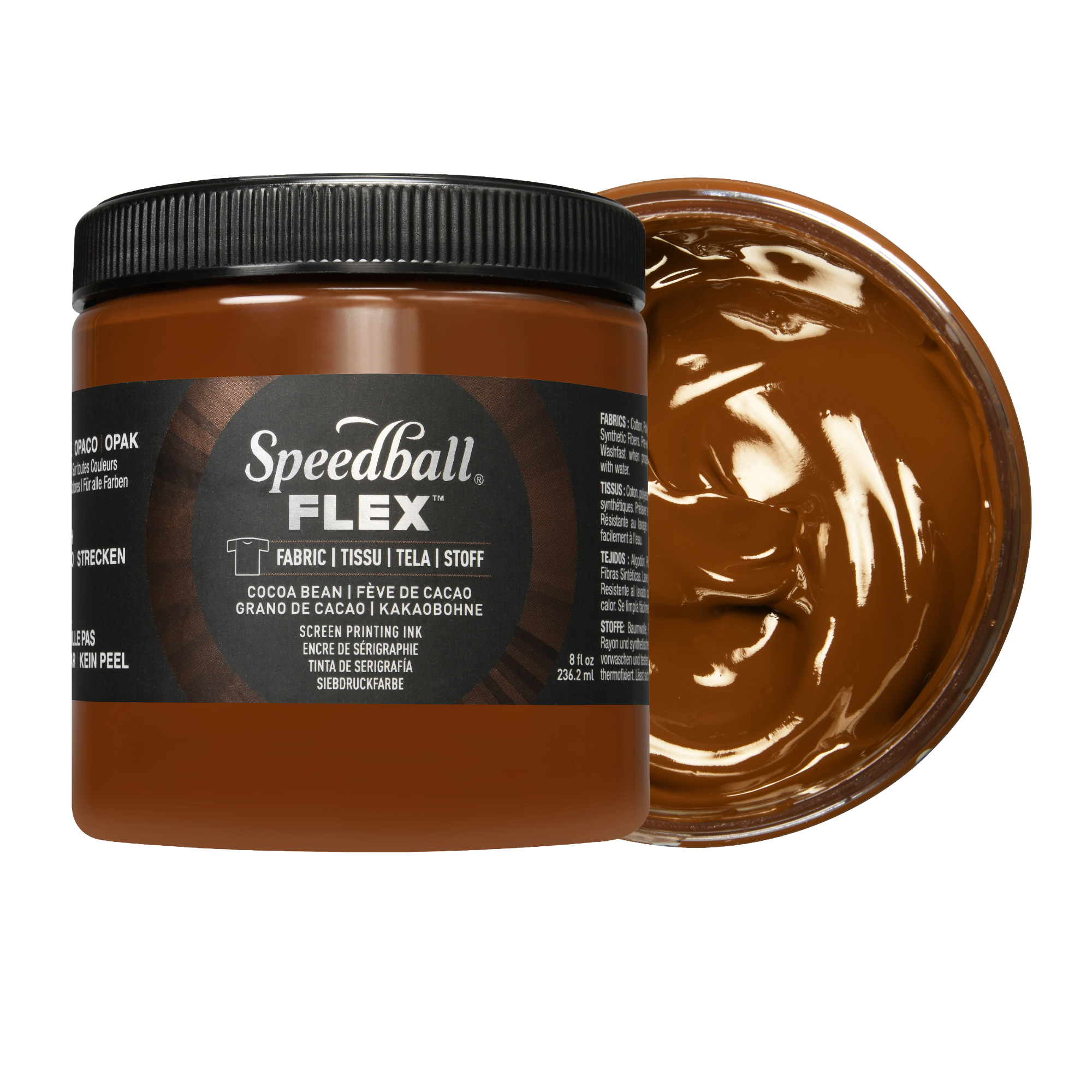 Brown Speedball Flex fabric ink jar with a swatch of brown ink on a white background
