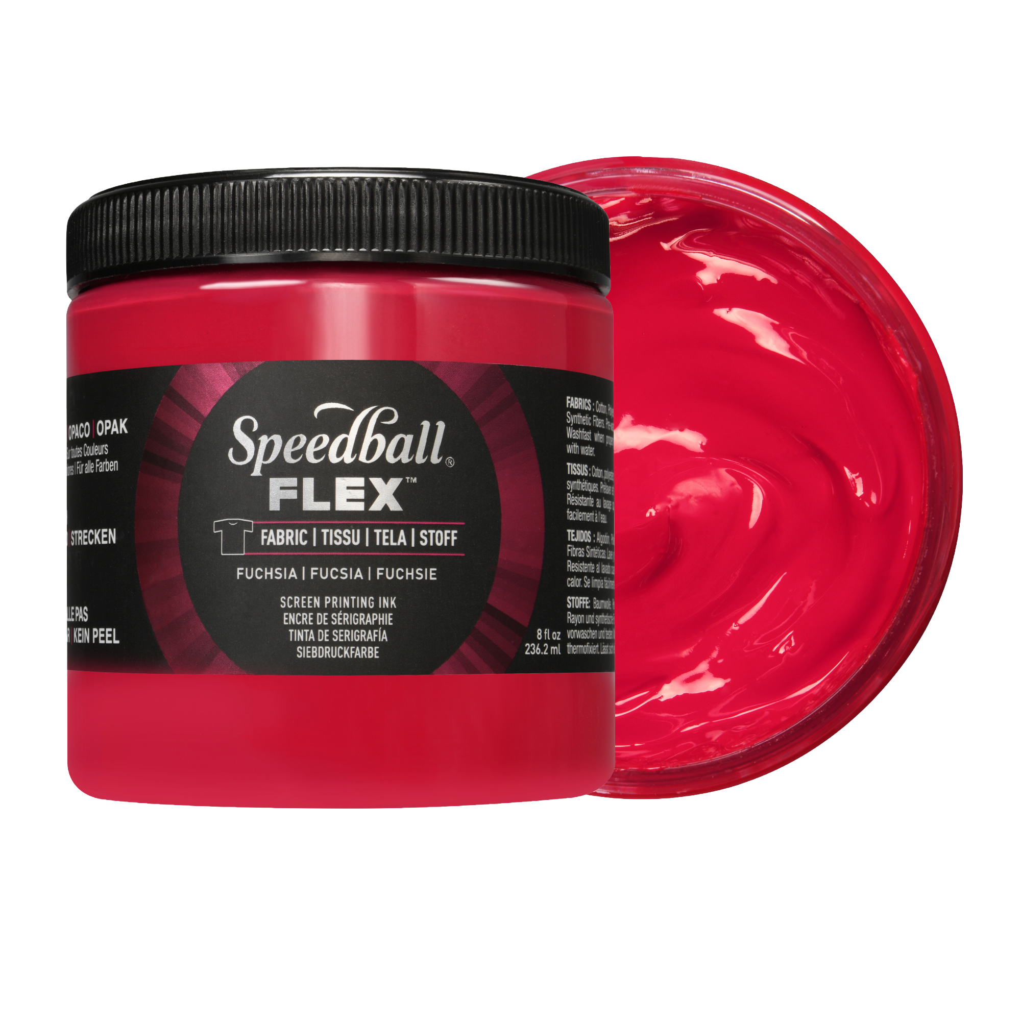 Pink Speedball Flex fabric ink jar with a swatch of pink ink on a white background