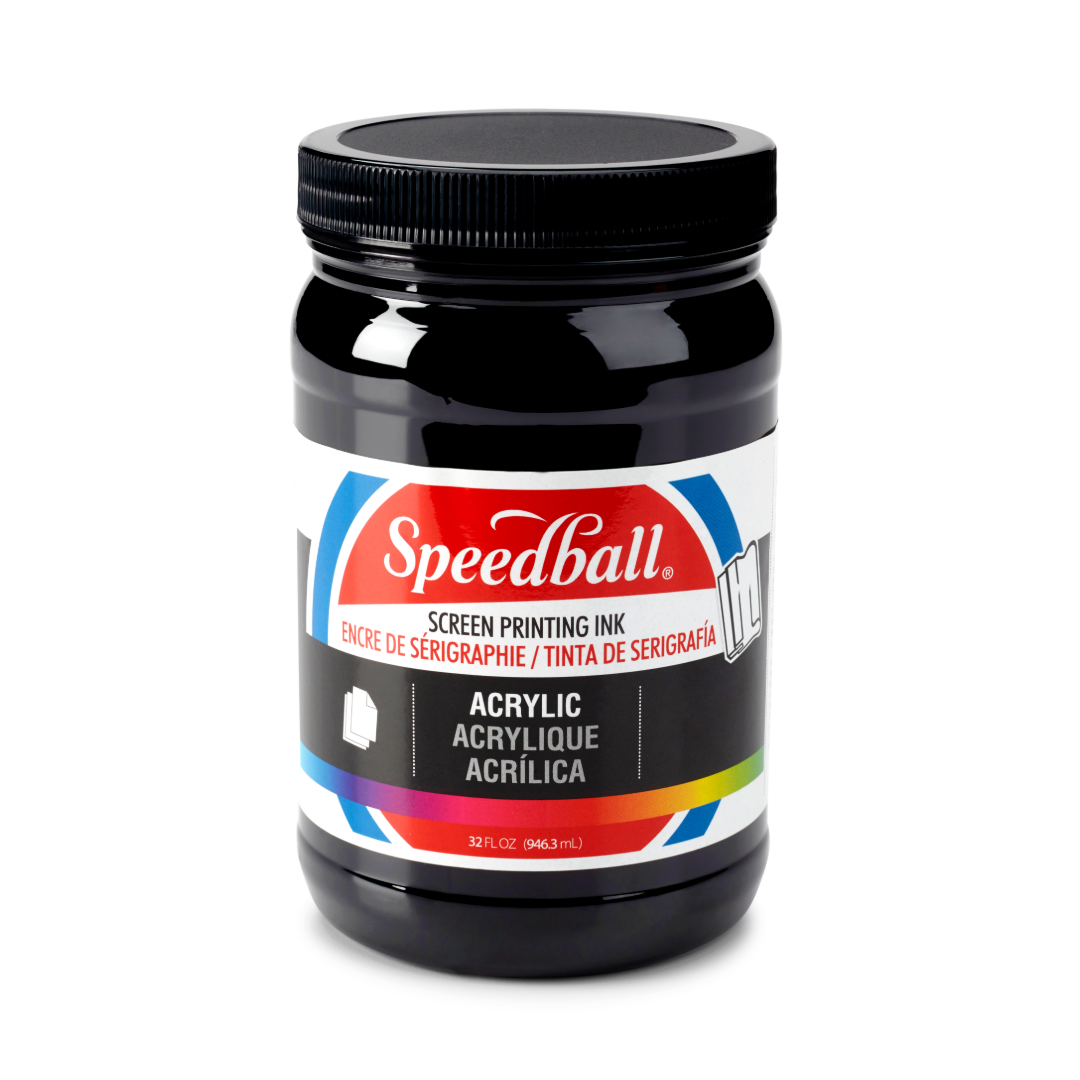 Large tub of black Speedball acrylic screen printing ink on a white background