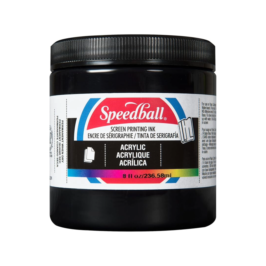 Small tub of black Speedball acrylic screen printing ink on a white background