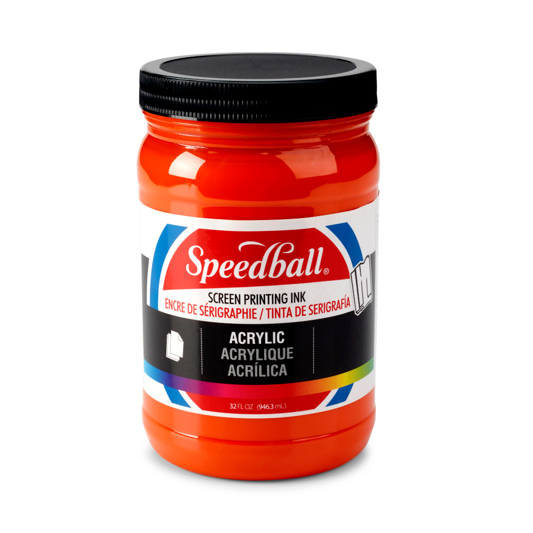 Large tub of orange Speedball acrylic screen printing ink on a white background