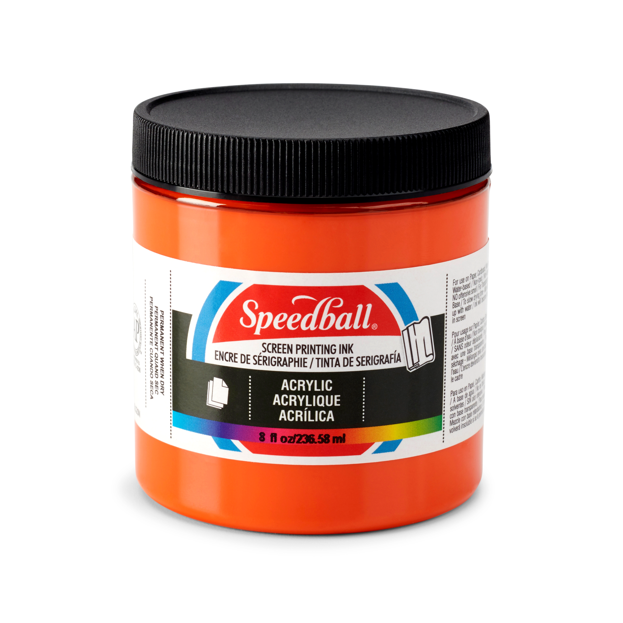 Small tub of orange Speedball acrylic screen printing ink on a white background
