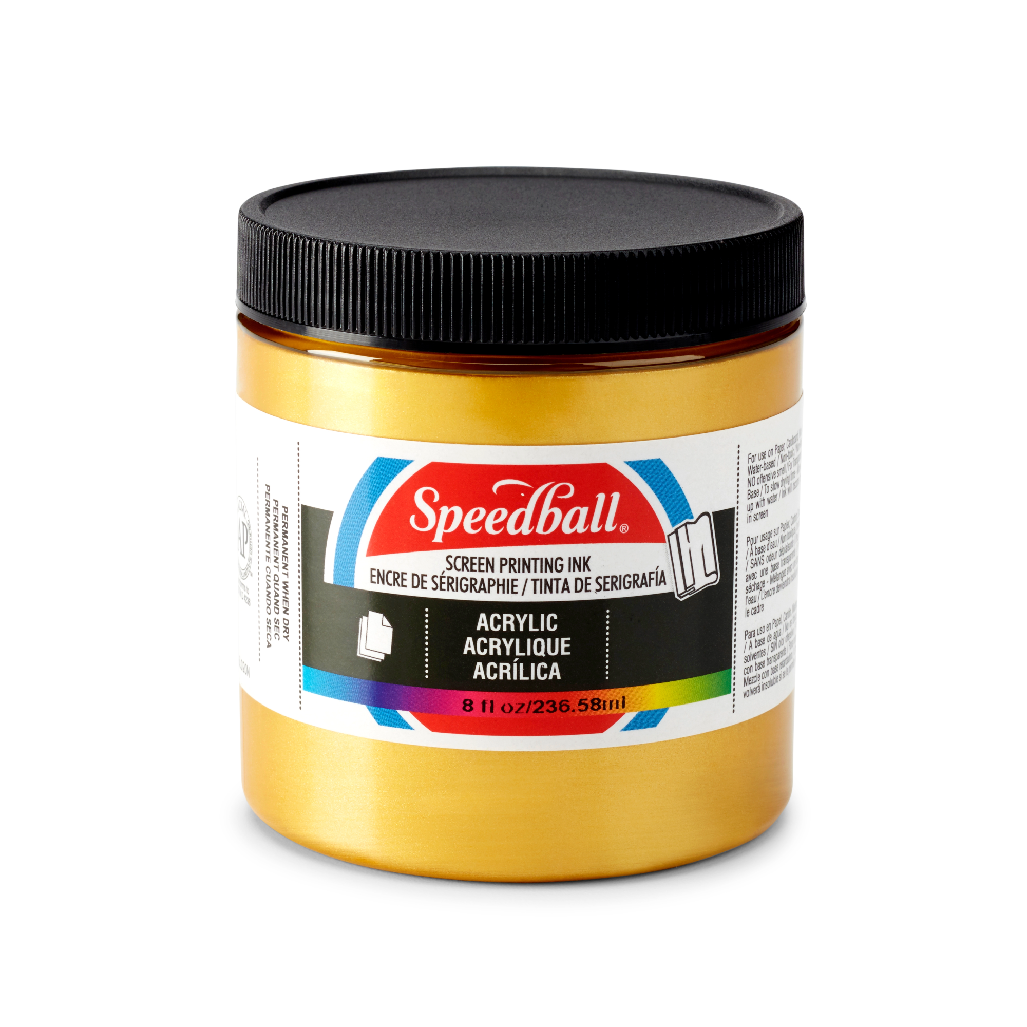 Small tub of gold Speedball acrylic screen printing ink on a white background