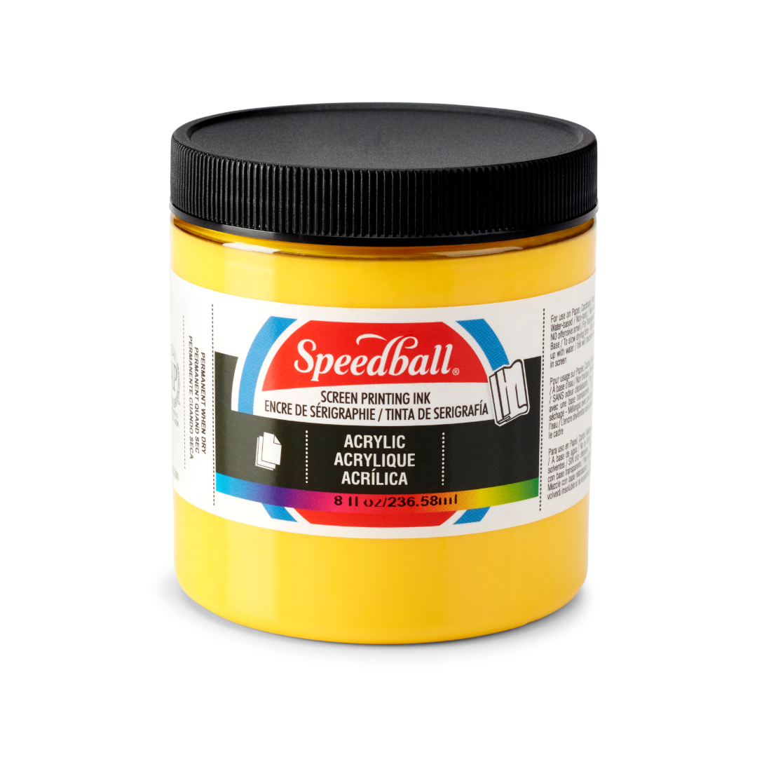 Small tub of yellow Speedball acrylic screen printing ink on a white background