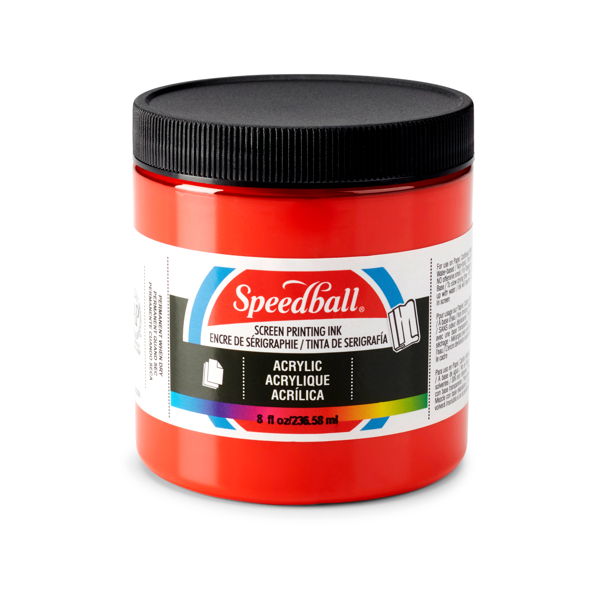 Small tub of red Speedball acrylic screen printing ink on a white background