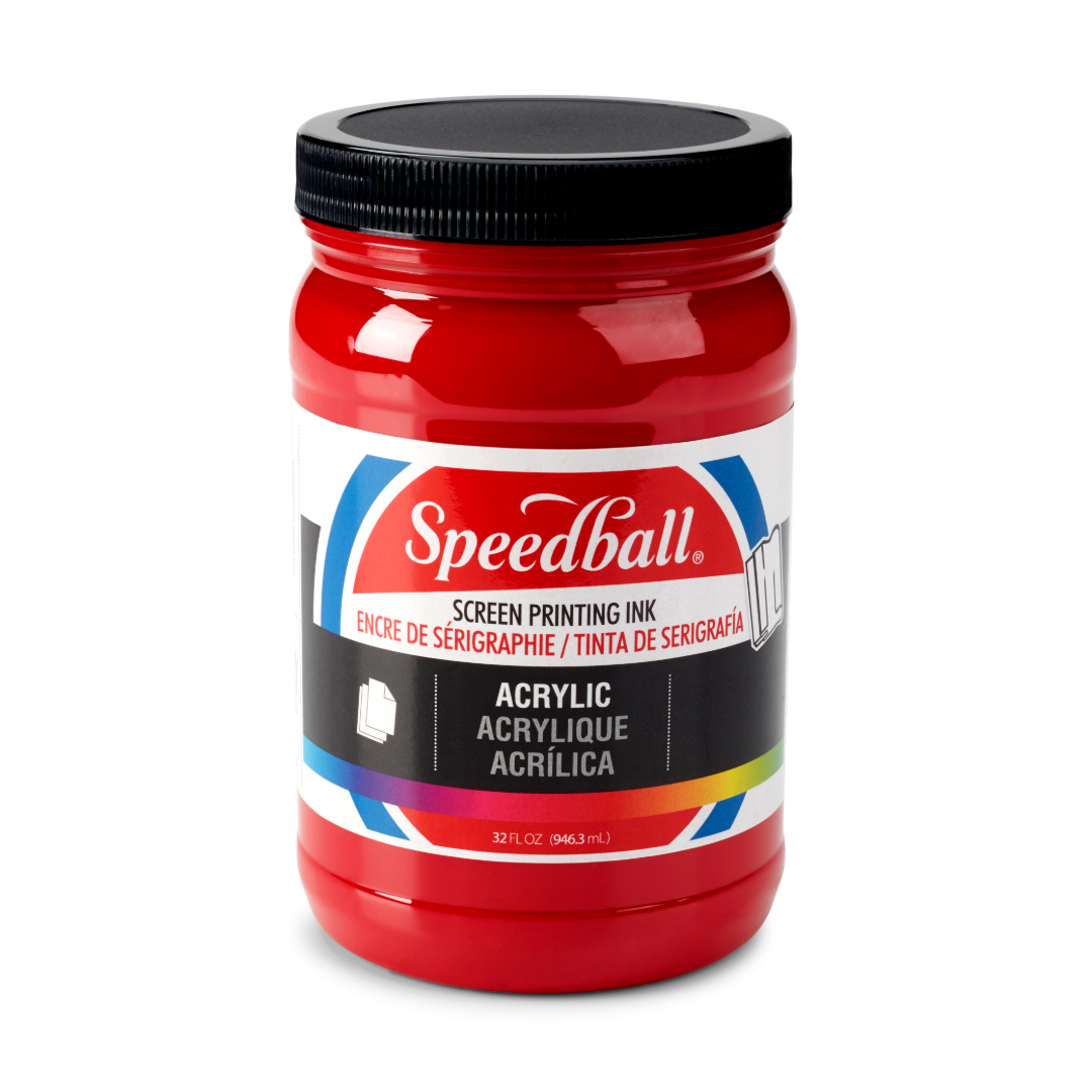 Large tub of red Speedball acrylic screen printing ink on a white background