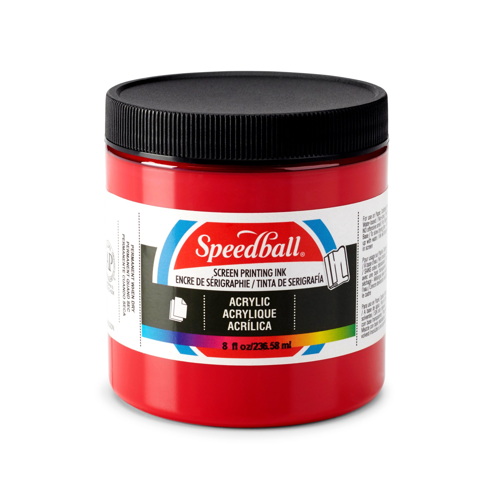 Small tub of red Speedball acrylic screen printing ink on a white background
