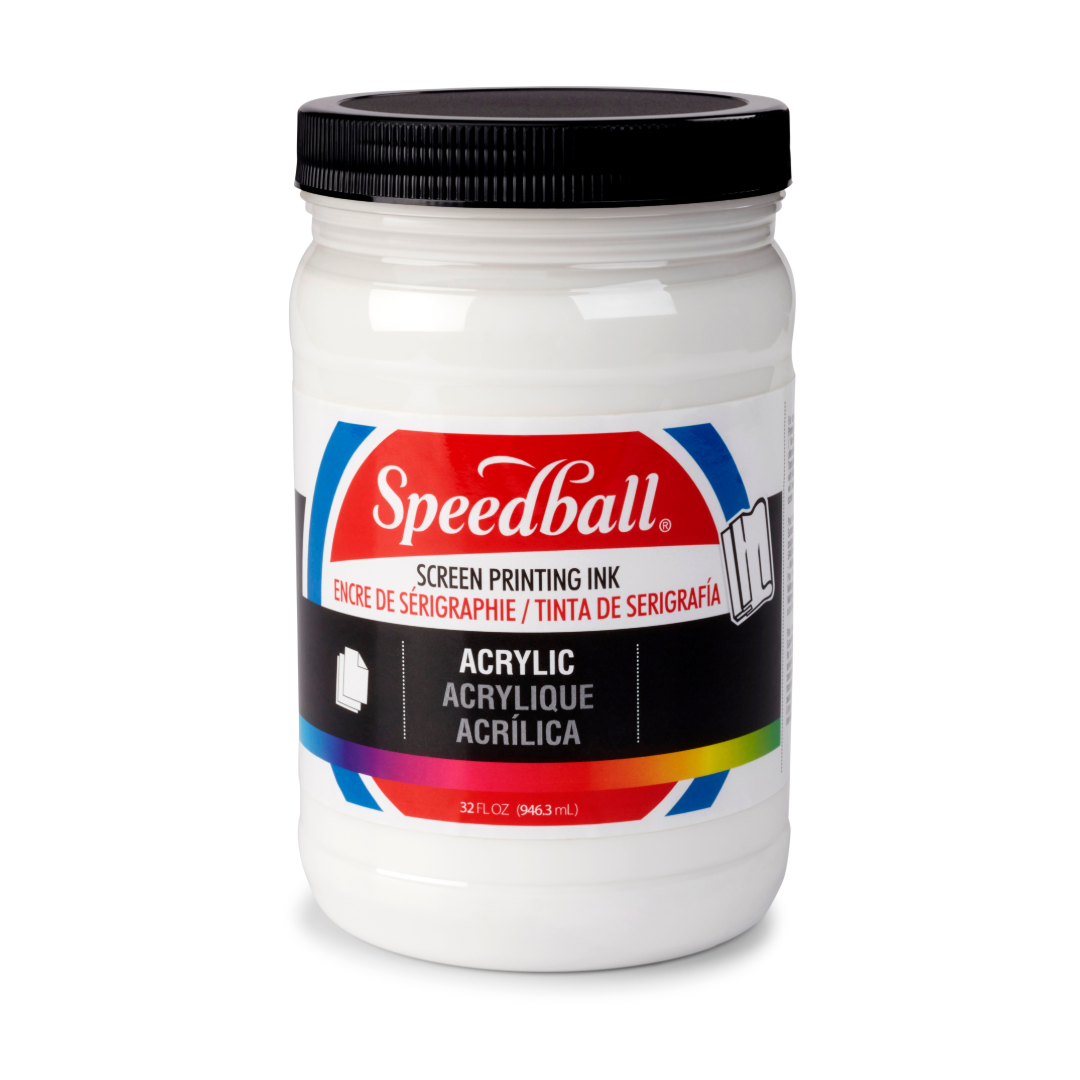 Large tub of white Speedball acrylic screen printing ink on a white background