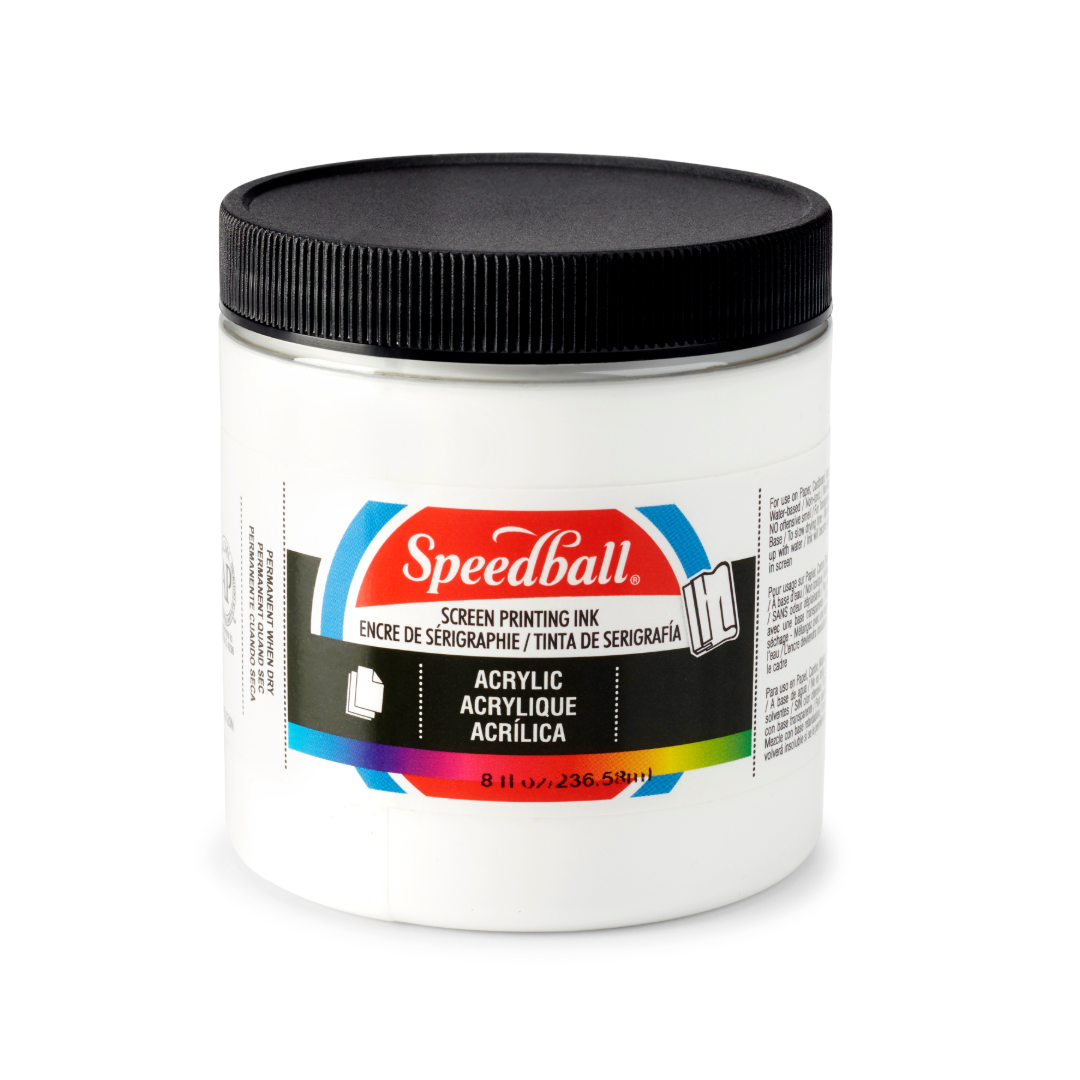 Small tub of white Speedball acrylic screen printing ink on a white background