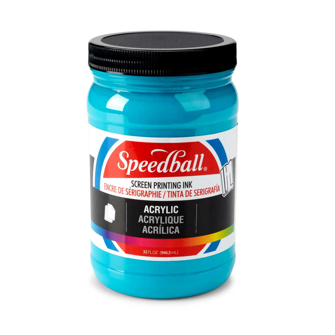 Large tub of light blue Speedball acrylic screen printing ink on a white background